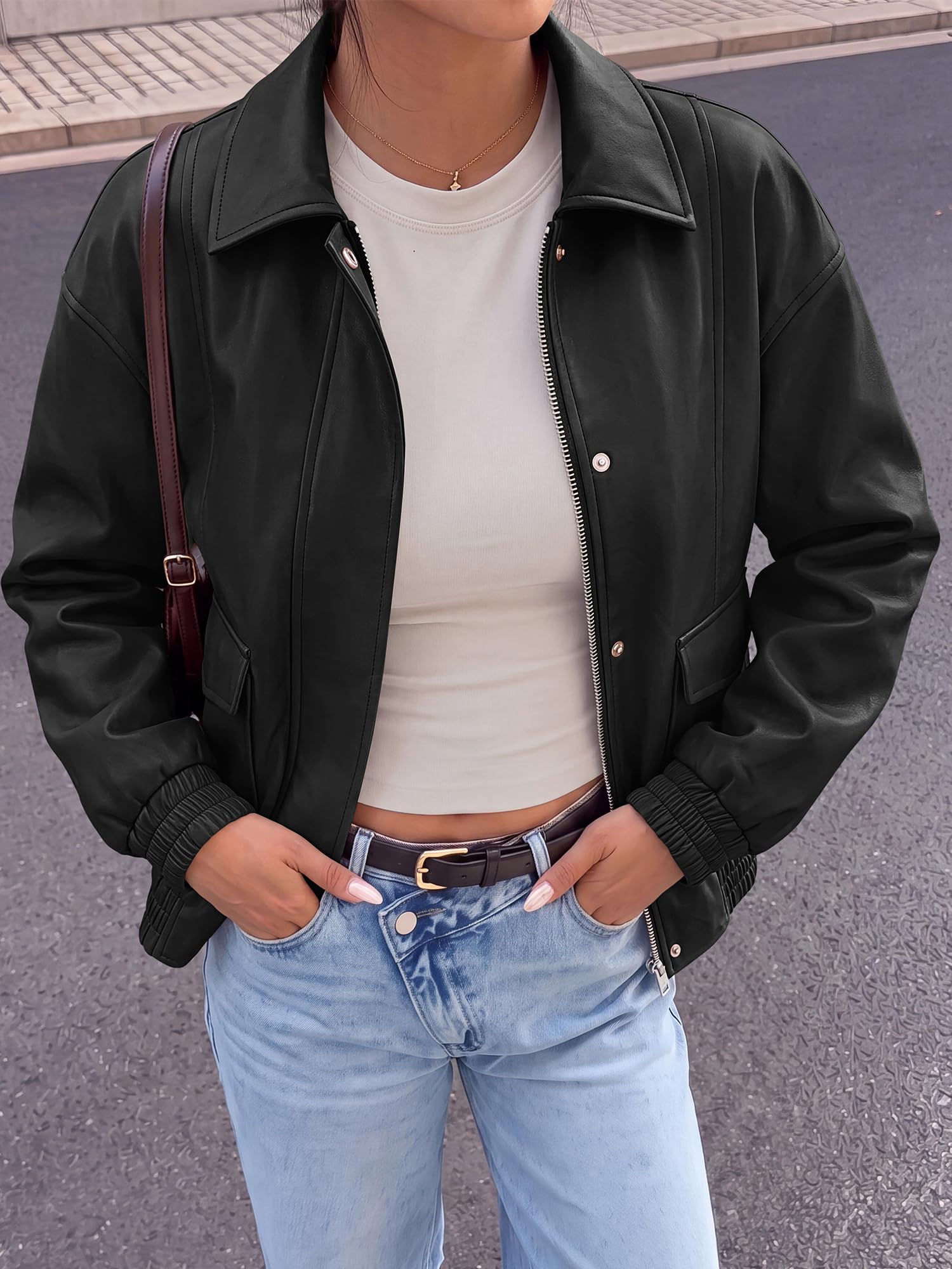BTFBM Faux Leather Jacket Women Fall Clothes Long Sleeve, Bomber Jackets, Snaps, Pockets, Oversized, Zip Up Motorcycle Outerwear, Airport, Going Out Outfits, Winter Coat