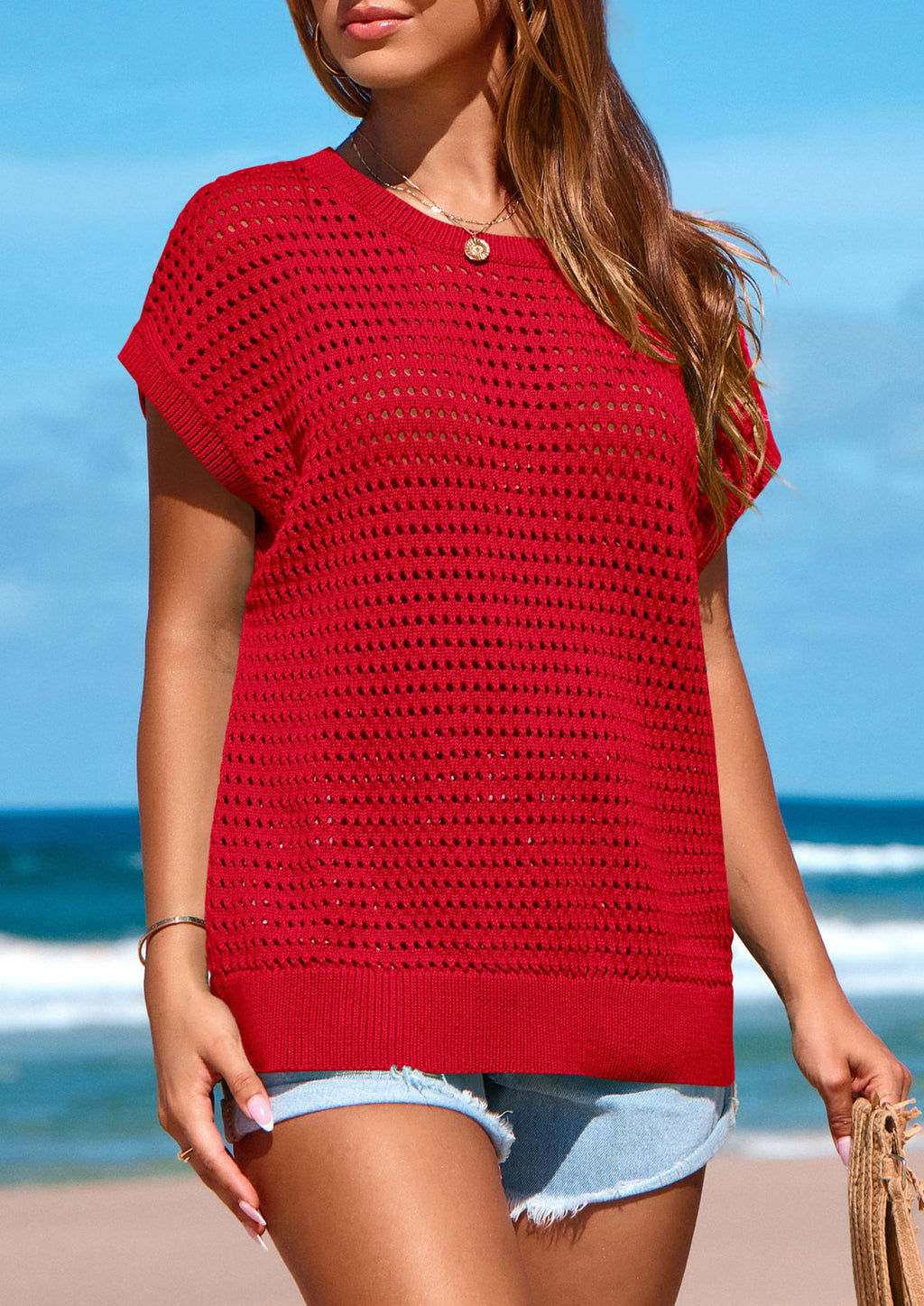 PRETTYGARDEN Womens Spring Tops Summer Shirts Crochet Cap Sleeve Sweater Pullover Cute Beach Vacation Clothes