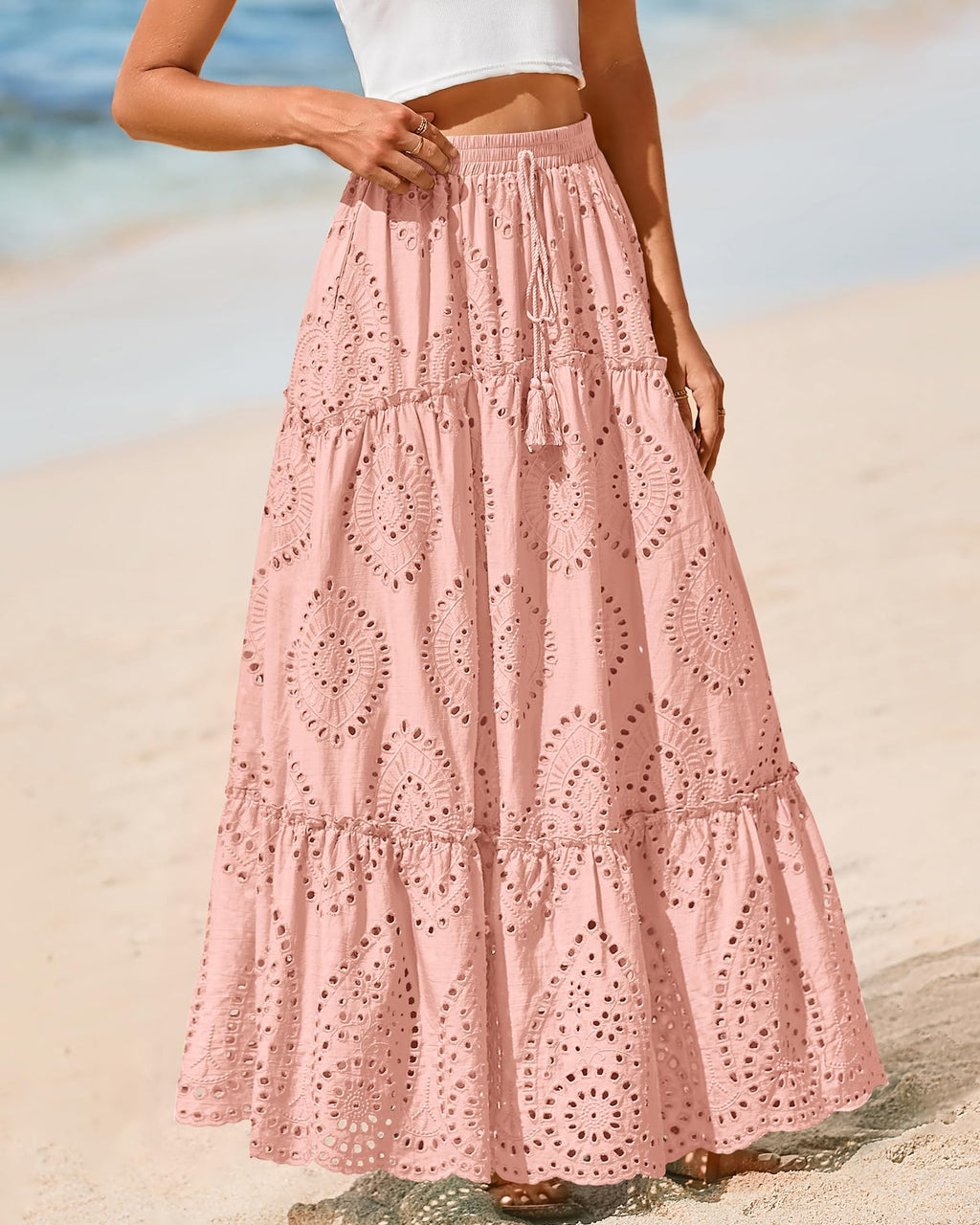 BTFBM Long Skirts for Women Summer Boho Lace Embroidery High Waist Flowy Tiered Spring Maxi Skirt Beach Vacation