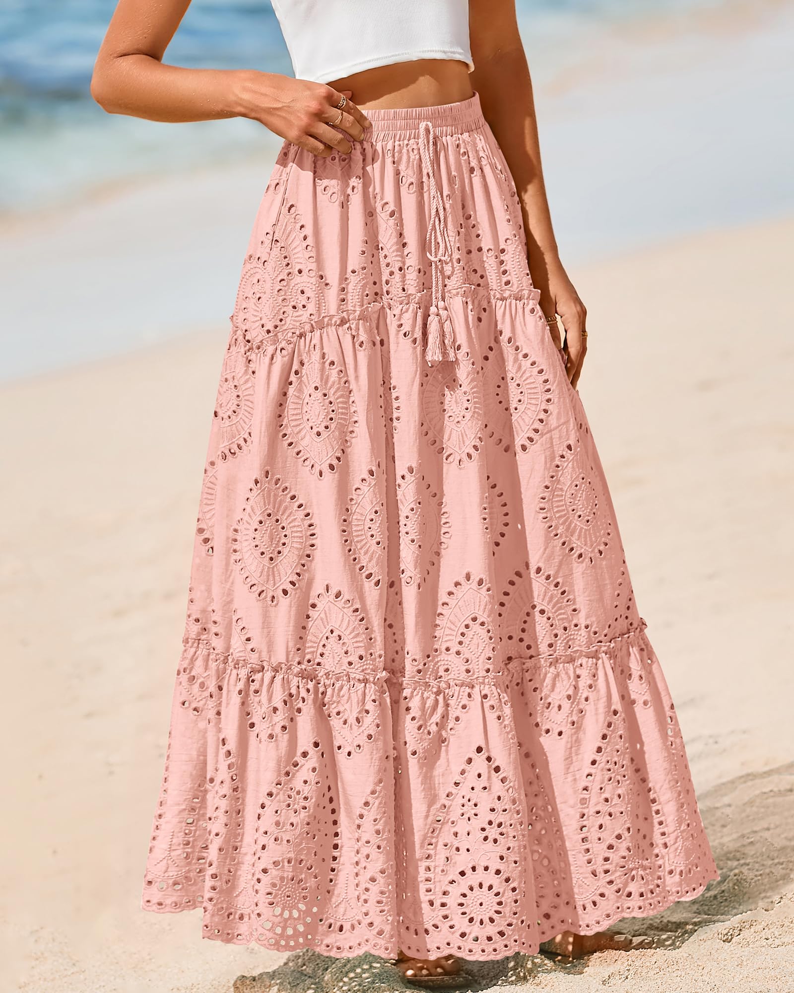 BTFBM Long Skirts for Women Summer Boho Lace Embroidery High Waist Flowy Tiered Spring Maxi Skirt Beach Vacation