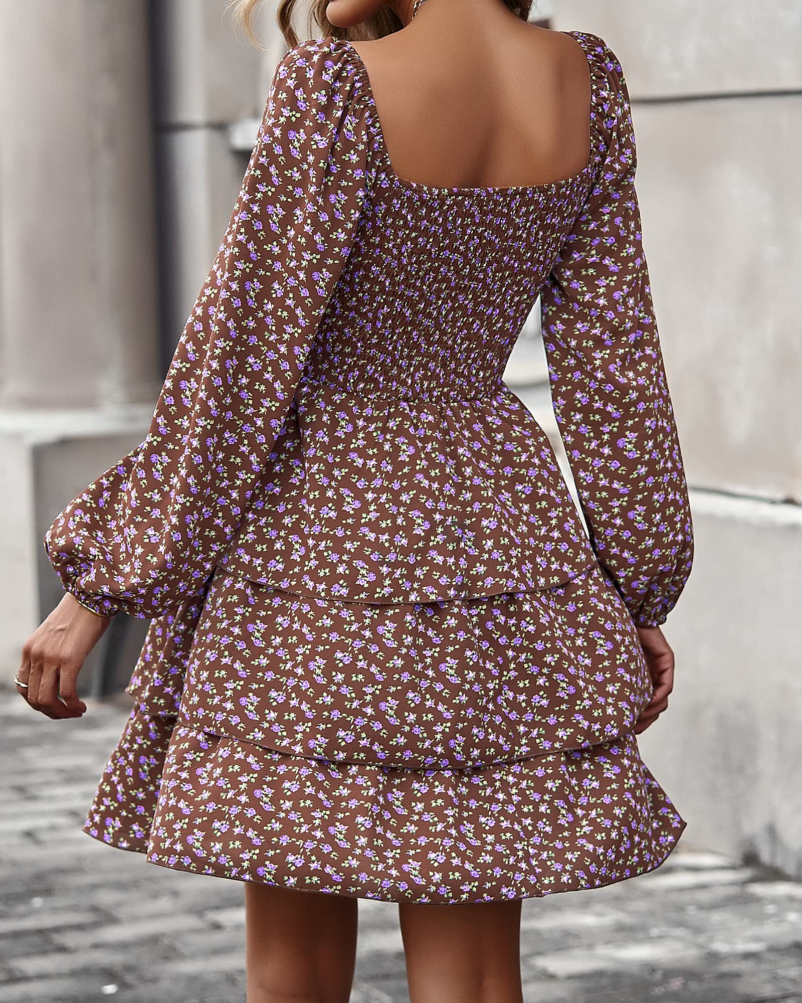 BTFBM Womens Long Sleeve Dress Summer Vacation Square Neck Smocked Floral Mini Boho Spring Wedding Guest Dresses