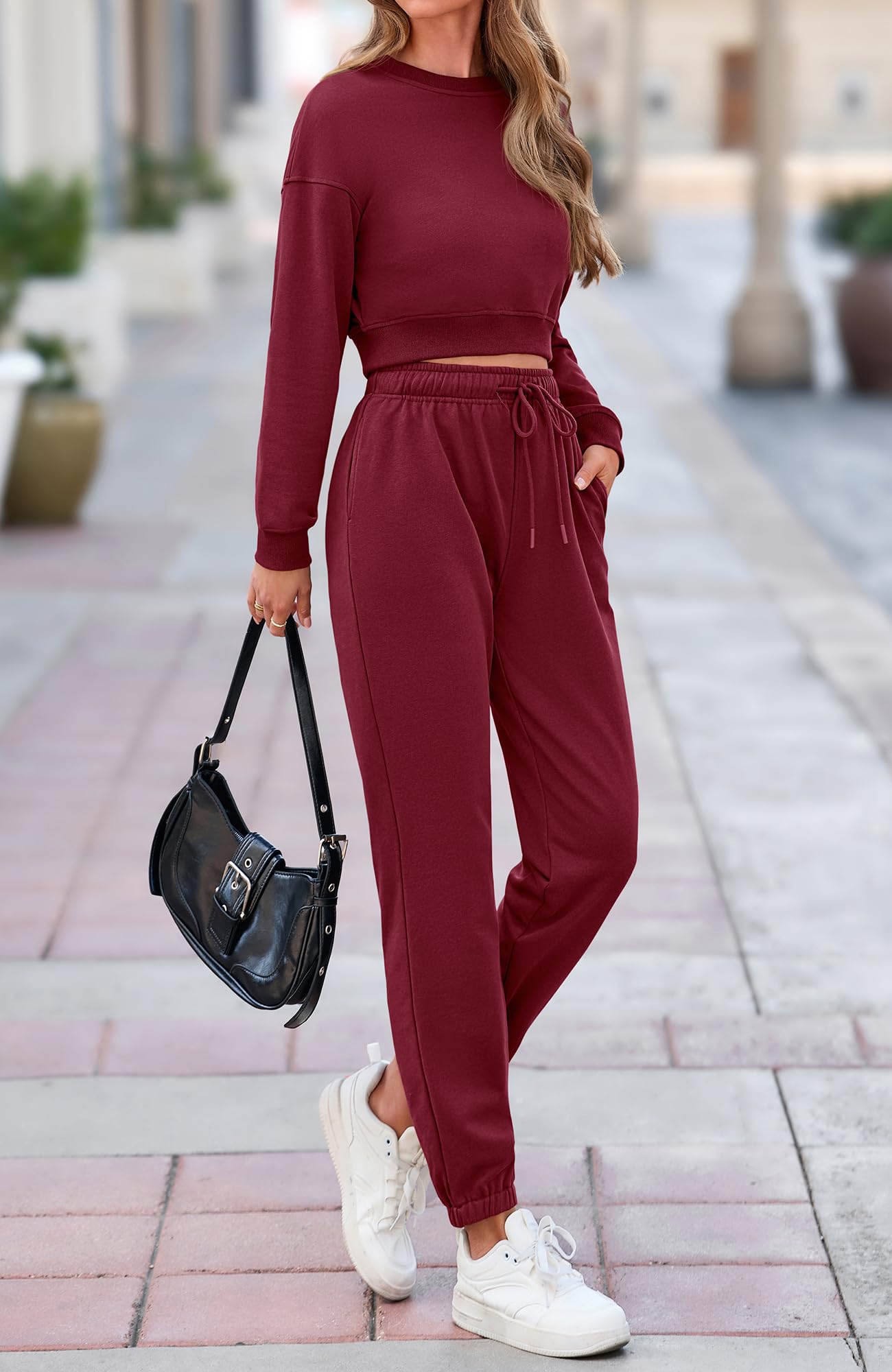 BTFBM Women 2 Piece Outfits Long Sleeve Crop Top Pullover Drawstring Pant Jogger Set Casual Sweatsuits Tracksuit Pockets