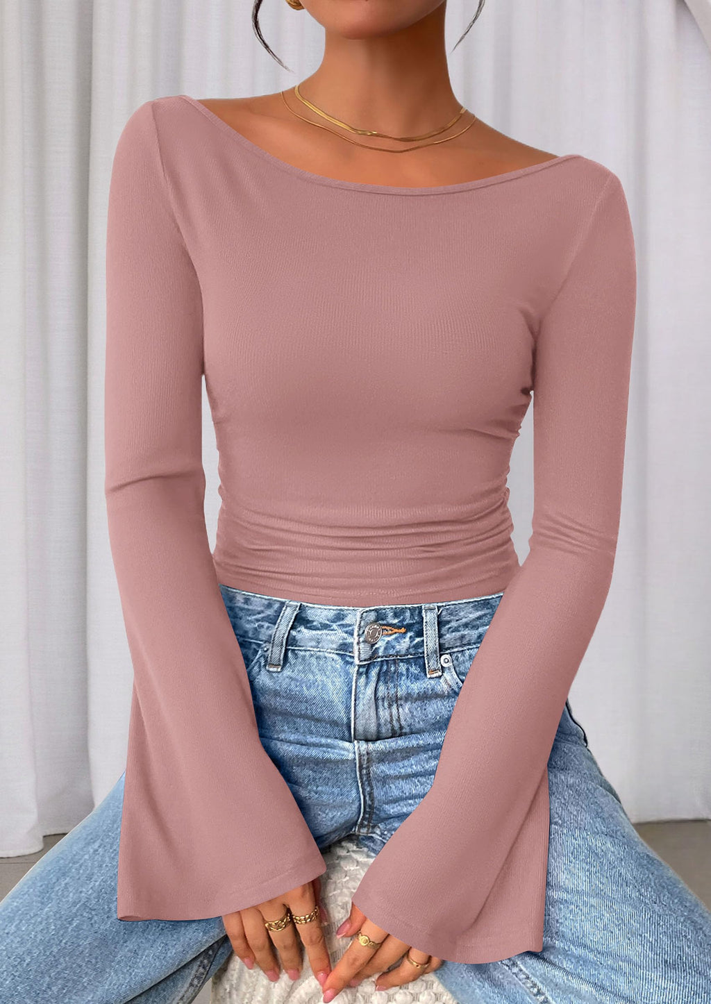 PRETTYGARDEN Women's Long Sleeve Shirts Fall Crop Going Out Tops Casual Boat Neck Bell Sleeve Ribbed Ruched Y2K Clothes