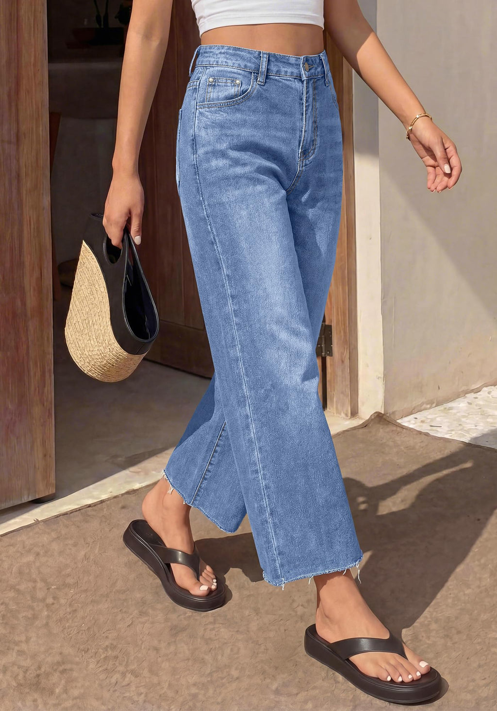 BTFBM Jeans for Women Summer High Waisted Button Straight Leg Stretchy Cropped Raw Hem Trendy Denim Pants Pockets