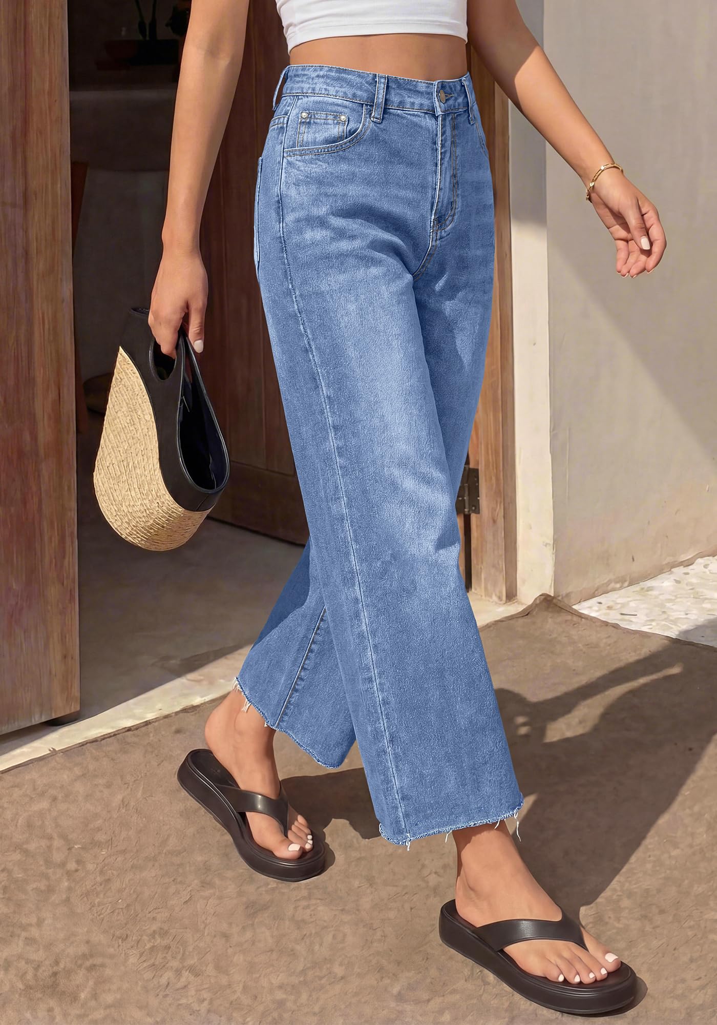 BTFBM Jeans for Women Summer High Waisted Button Straight Leg Stretchy Cropped Raw Hem Trendy Denim Pants Pockets