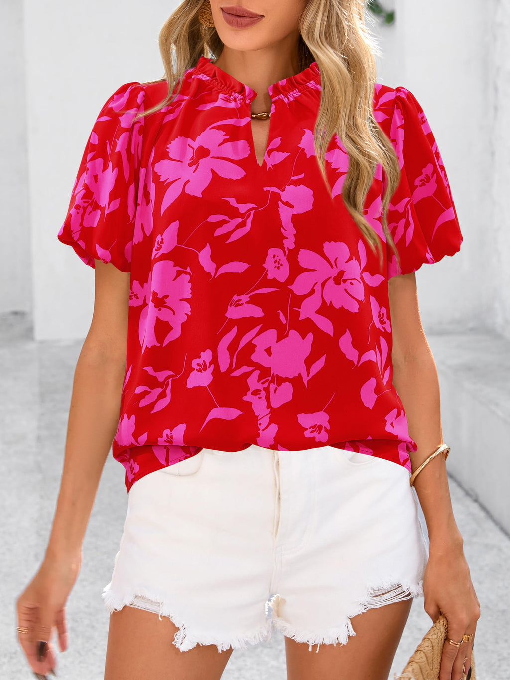 PRETTYGARDEN Boho Short Sleeve Floral Work Blouses for Women Dressy Casual V Neck Puff Sleeve Loose Chiffon Flowy Tops Shirts