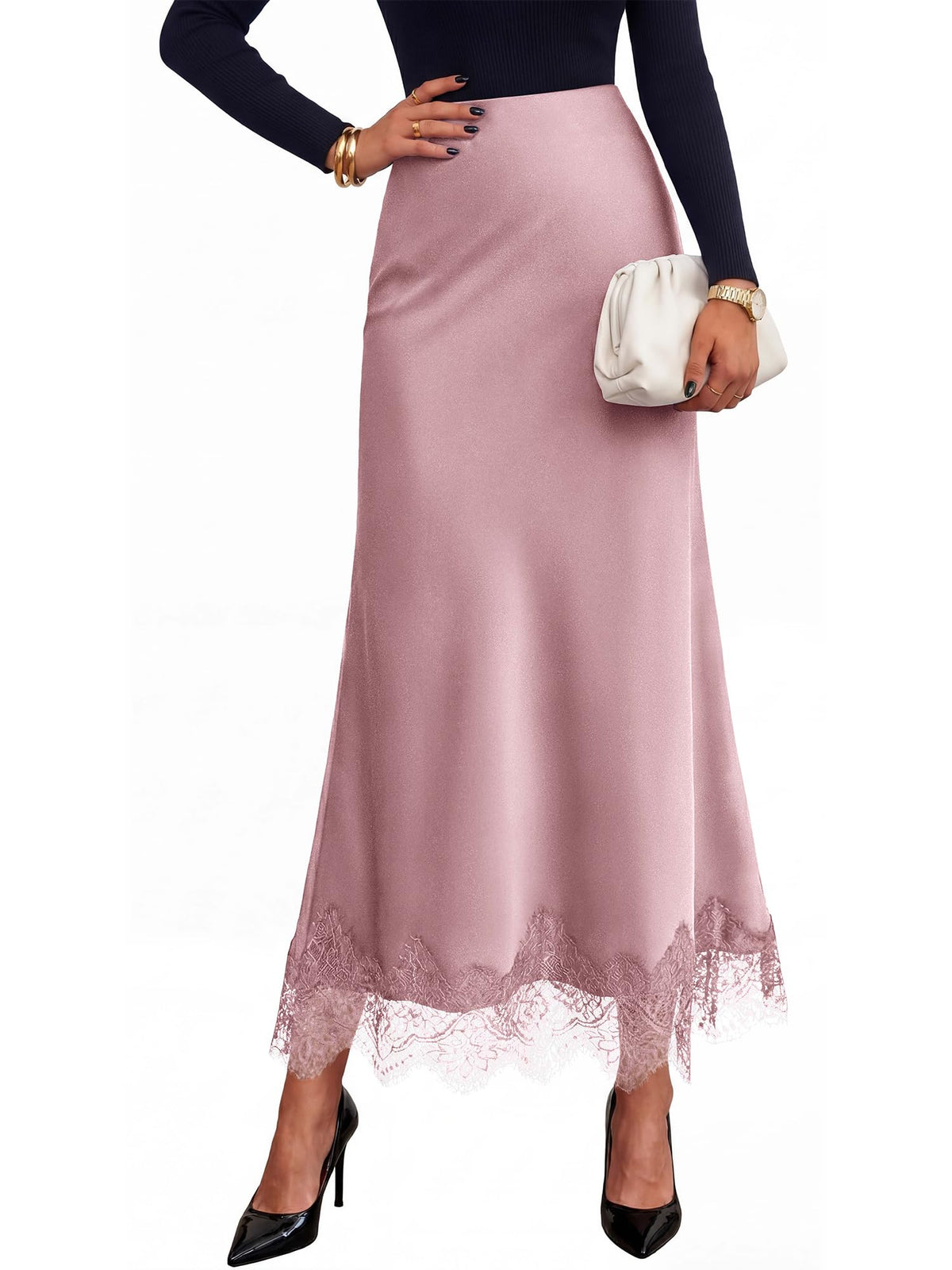 BTFBM Lace Trim Satin Skirts for Women Elegant | Lightweight, High Waist, A-Line, Flowy Maxi Skirt, Wedding, Cocktail, Graduation, Holiday Outfits, Fall Fashion Clothing