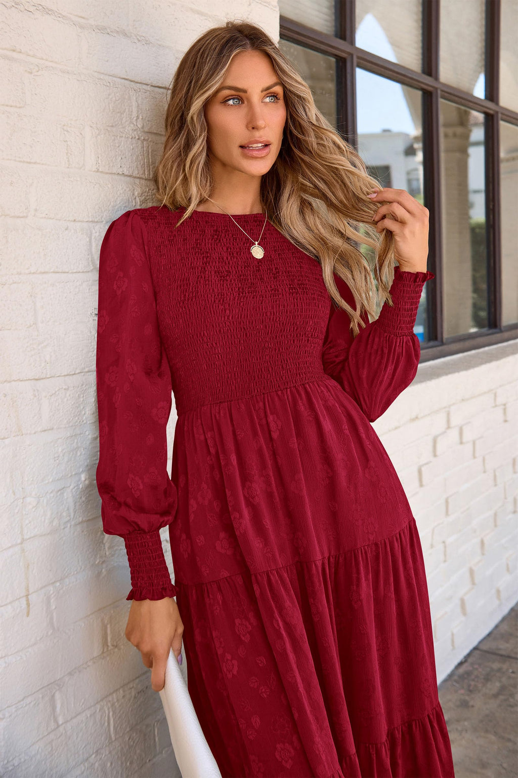 PRETTYGARDEN Women's Fall Spring Midi Dress Long Sleeve Floral Smocked Elegant Wedding Guest Long Flowy Dresses with Pockets