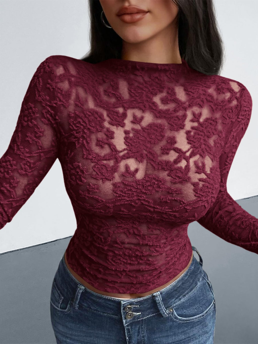 FreshPretty Mesh Long Sleeve Tops for Women Lace Sexy Sheer Tight See Through Crew Neck Spring Fall Party Club Outfits