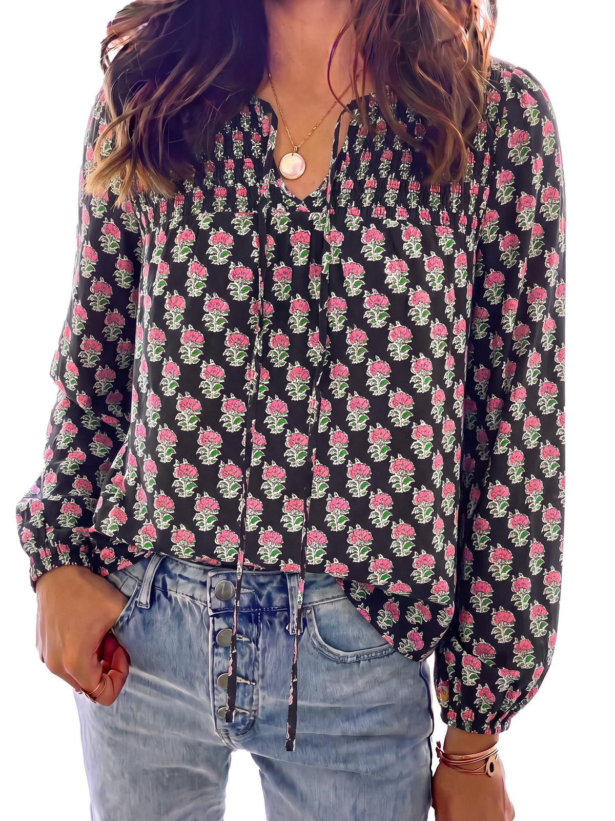 FreshPretty Boho Tops for Women Trendy Fall V Neck Floral Peasant Blouse,Lightweight Soft Puff Long Sleeve Shirts,Smocked Self-Tie Polka Dot Loose Work Blouses,Casual Daily Travel Vacation Outfits