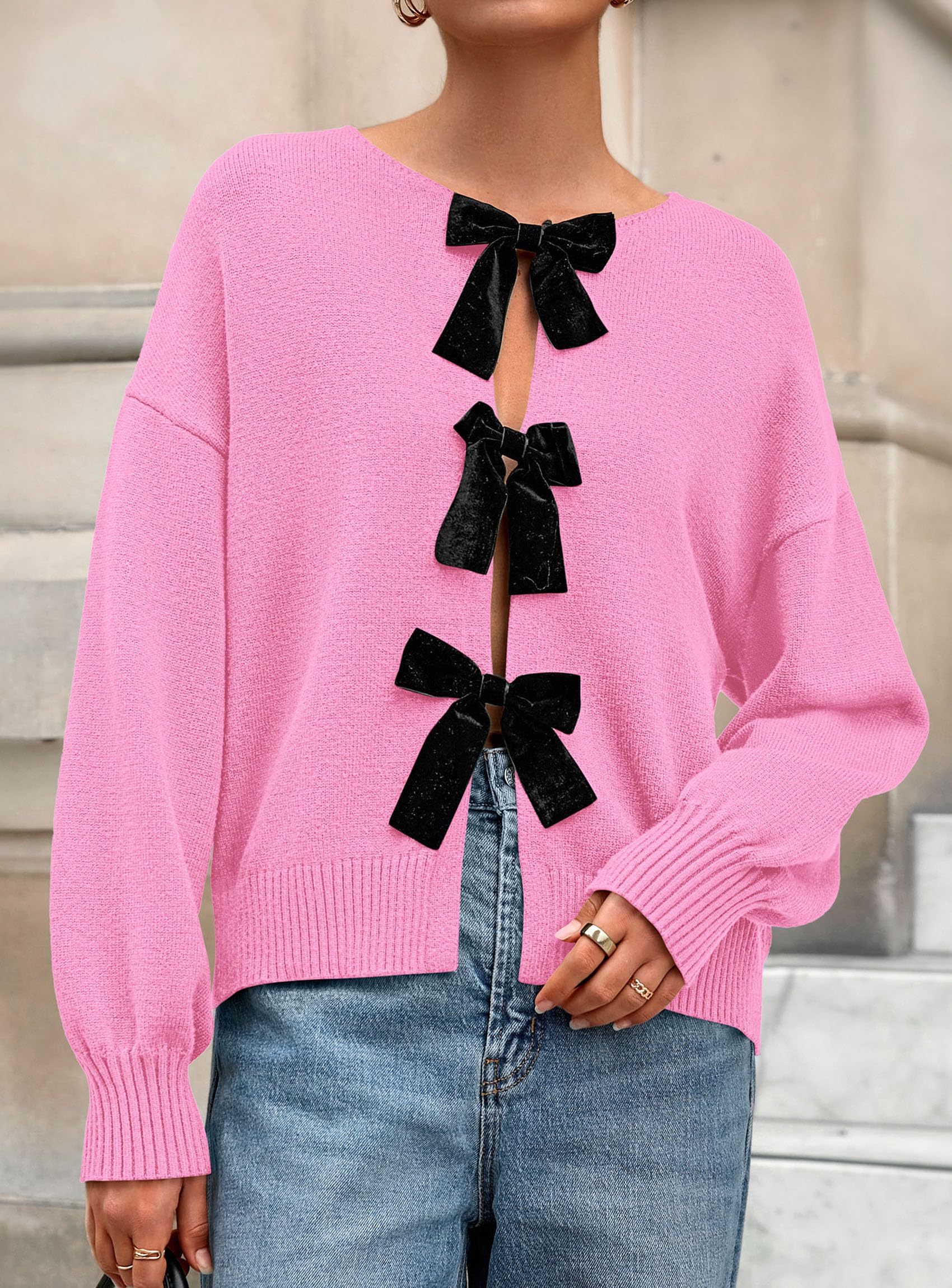 PRETTYGARDEN Cardigan Sweaters for Women Fall Fashion Bow Tie Front Long Sleeve Knit Sweater Tops Cute Winter Clothes