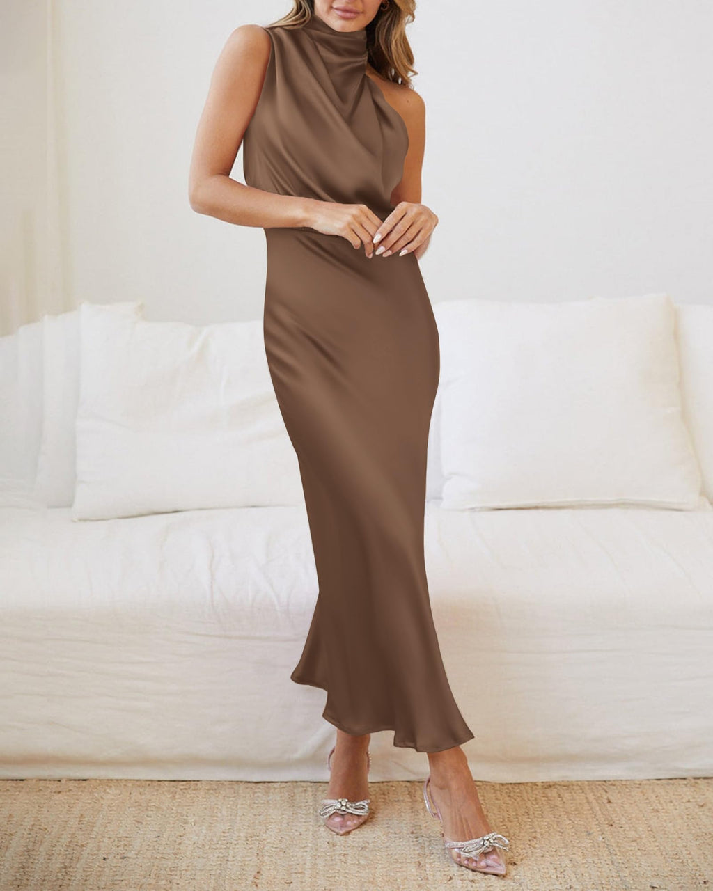 BTFBM Cocktail Dresses for Women Summer Satin Silk Sleeveless Mock Neck Maxi Wedding Guest Dress Spring Outfits