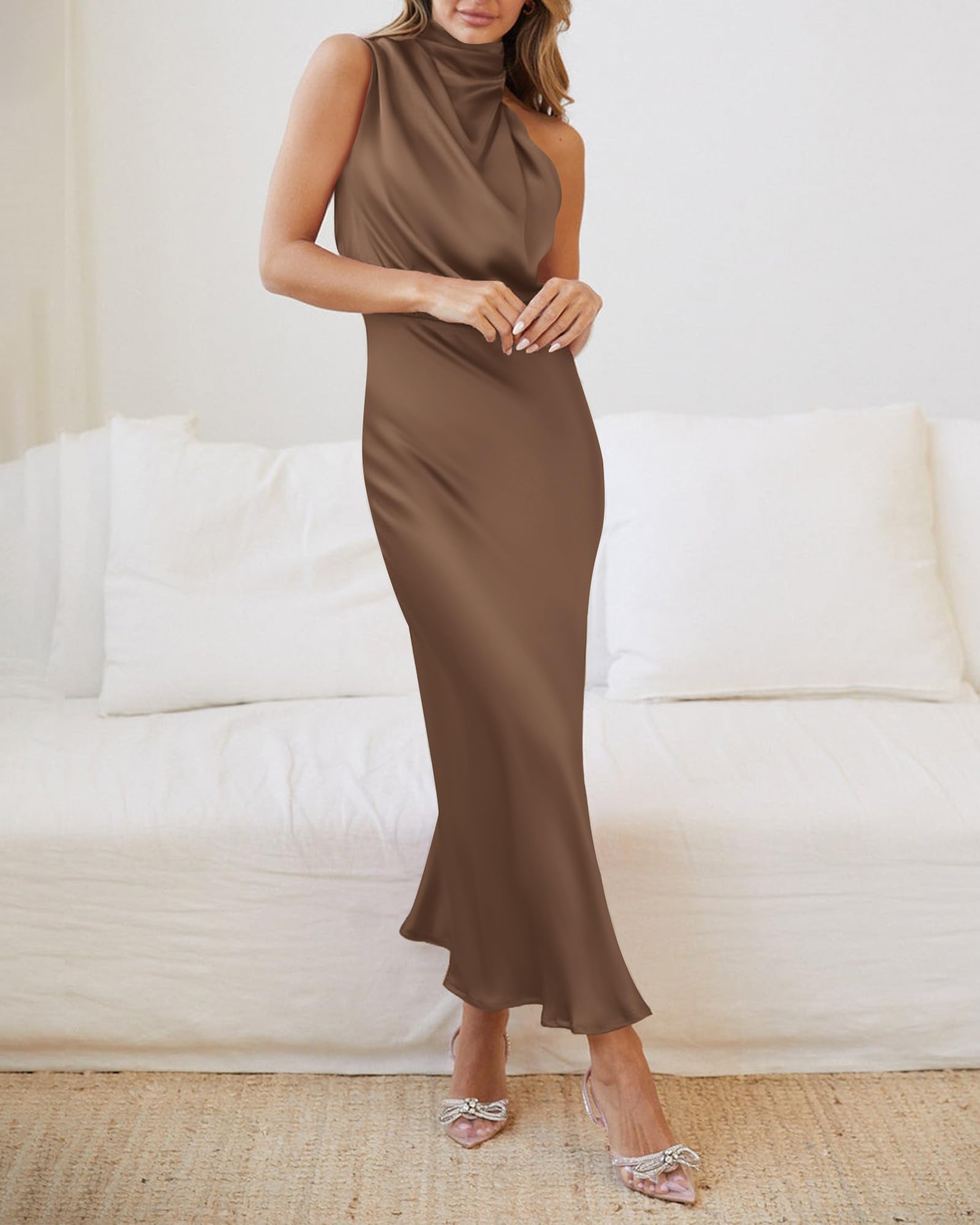 BTFBM Cocktail Dresses for Women Summer Satin Silk Sleeveless Mock Neck Maxi Wedding Guest Dress Spring Outfits
