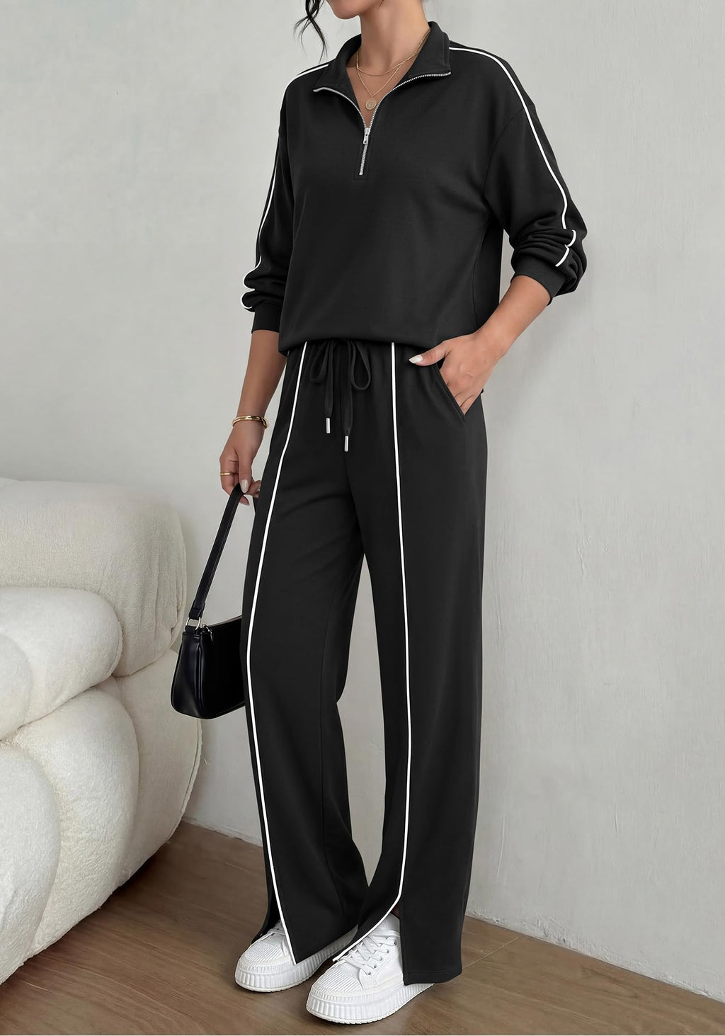 BTFBM 2 Piece Sets for Women Lounge Set Fall Outfits 2 Piece Outfits,Long Sleeve,Solid,Half Zip,Wide Leg Pants,Matching Sets Women Clothing,Tracksuits,Pants Set