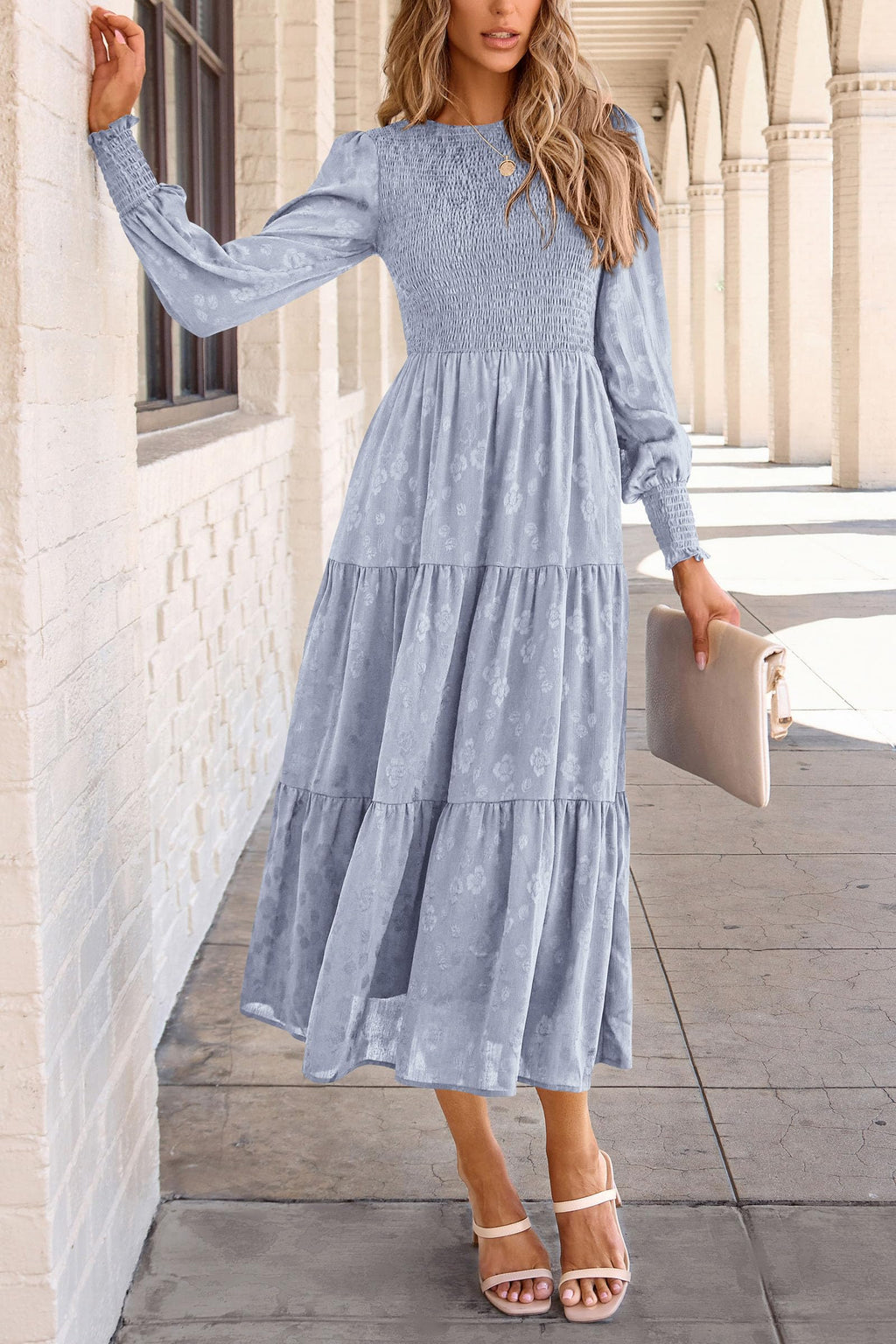 PRETTYGARDEN Women's Fall Spring Midi Dress Long Sleeve Floral Smocked Elegant Wedding Guest Long Flowy Dresses with Pockets