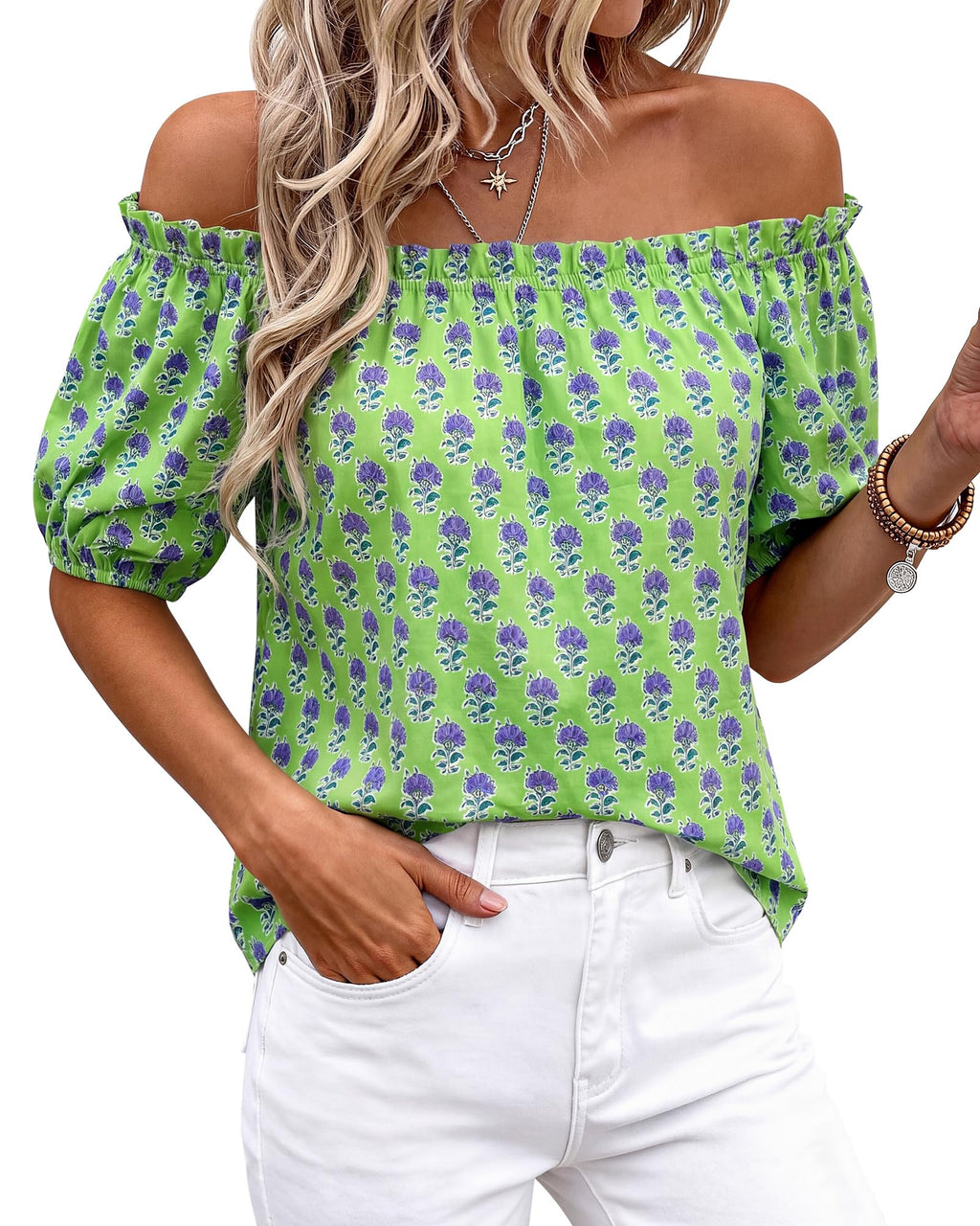BTFBM Off The Shoulder Spring Tops for Women Summer Blouses Boho Floral Short Sleeve Shirts Dressy Casual Outfits