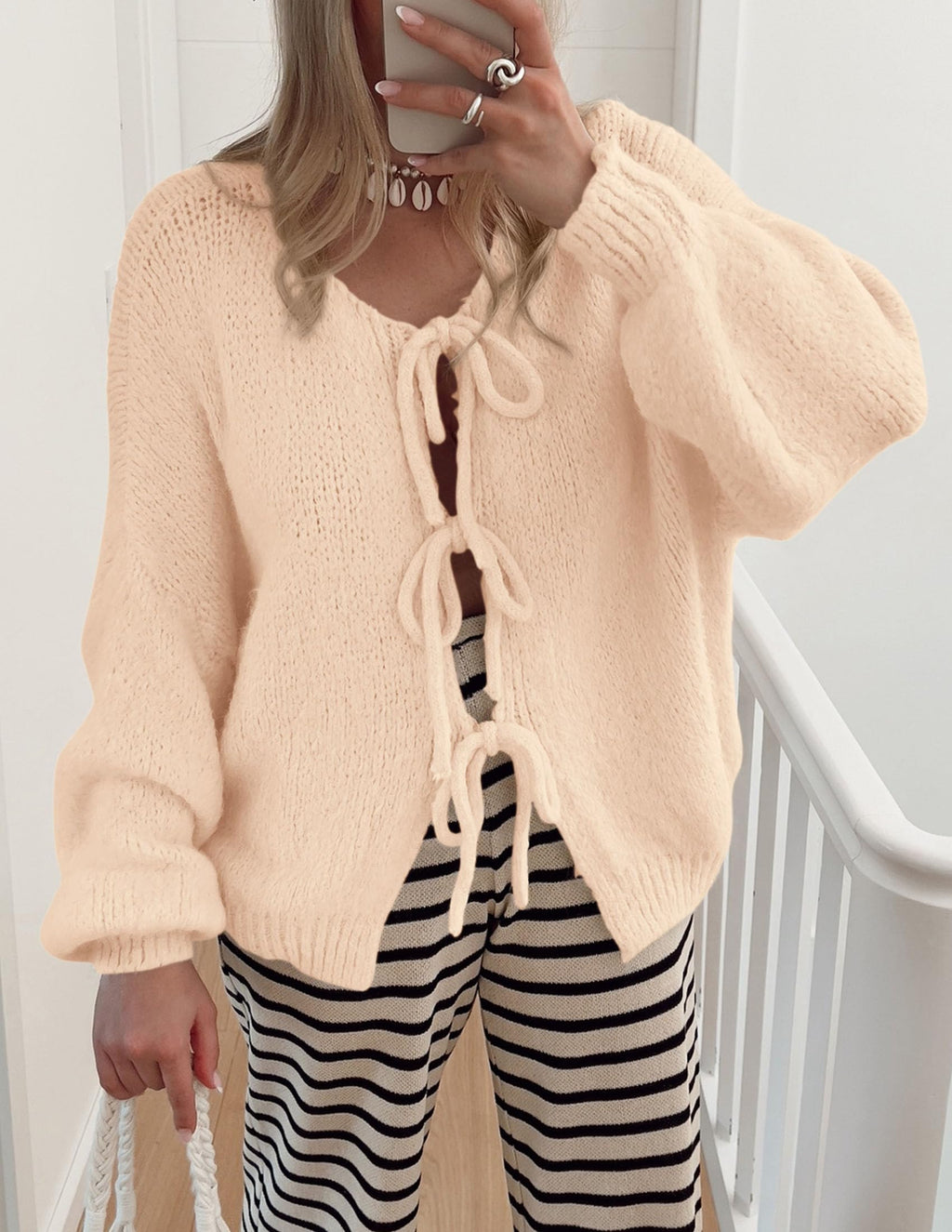 PRETTYGARDEN Women's Tie Front Bow Cardigan Sweaters Chunky Knit Long Puff Sleeve Trendy Fall Winter Jacket Coat