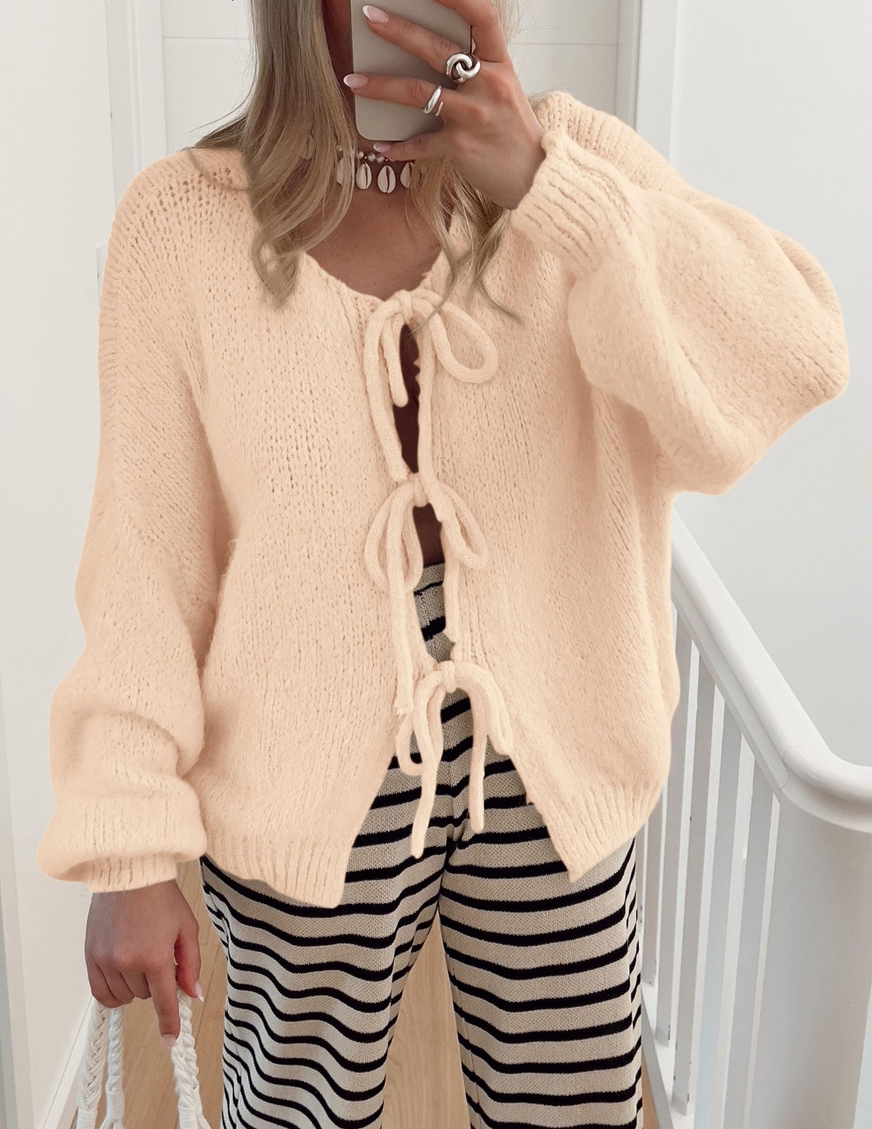 PRETTYGARDEN Women's Tie Front Bow Cardigan Sweaters Chunky Knit Long Puff Sleeve Trendy Fall Winter Jacket Coat