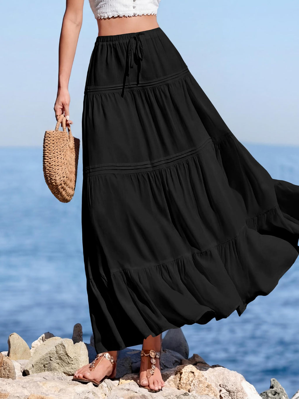 BTFBM Spring Skirts for Women Summer Boho Beach Vacation Clothes Casual Pleated High Waisted Flowy Maxi Skirt