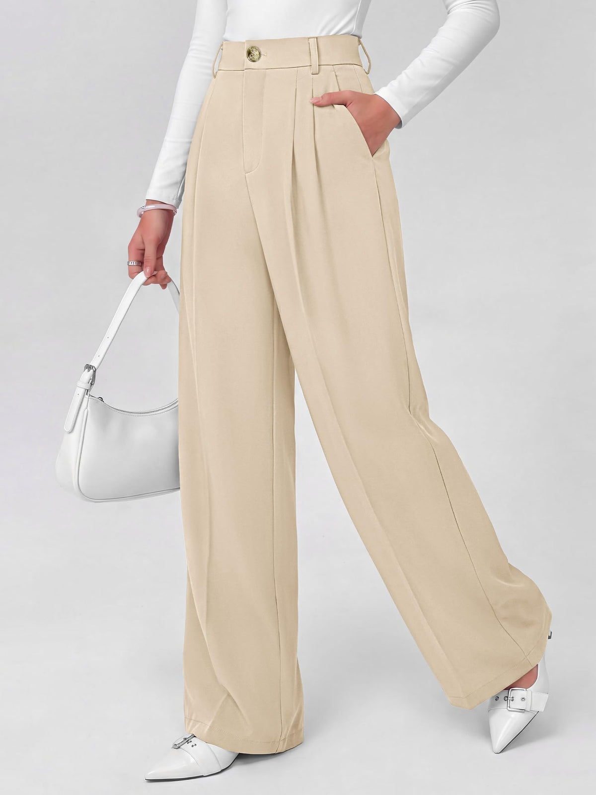 FreshPretty Fall Wide Leg Pants Woman Flowy High Waisted Slacks with Pockets, Comfy Palazzo, Business Casual Outfits, Work Clothes, Teacher Trousers Dressy, Zip Up, Button Closure, Elastic Back