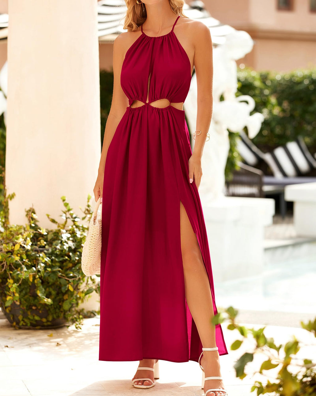 BTFBM Women Halter Summer Dresses Sleeveless Cutout Backless Sundress Slit Boho Maxi Beach Wedding Guest Dress