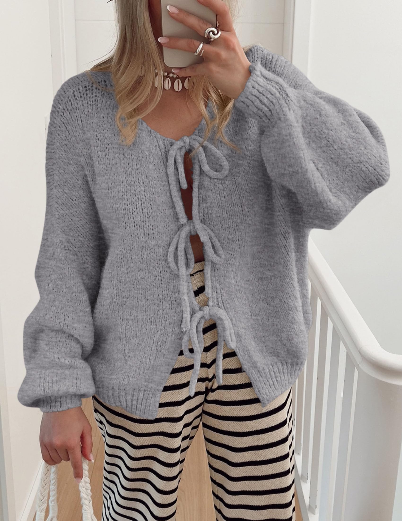 PRETTYGARDEN Women's Tie Front Bow Cardigan Sweaters Chunky Knit Long Puff Sleeve Trendy Fall Winter Jacket Coat