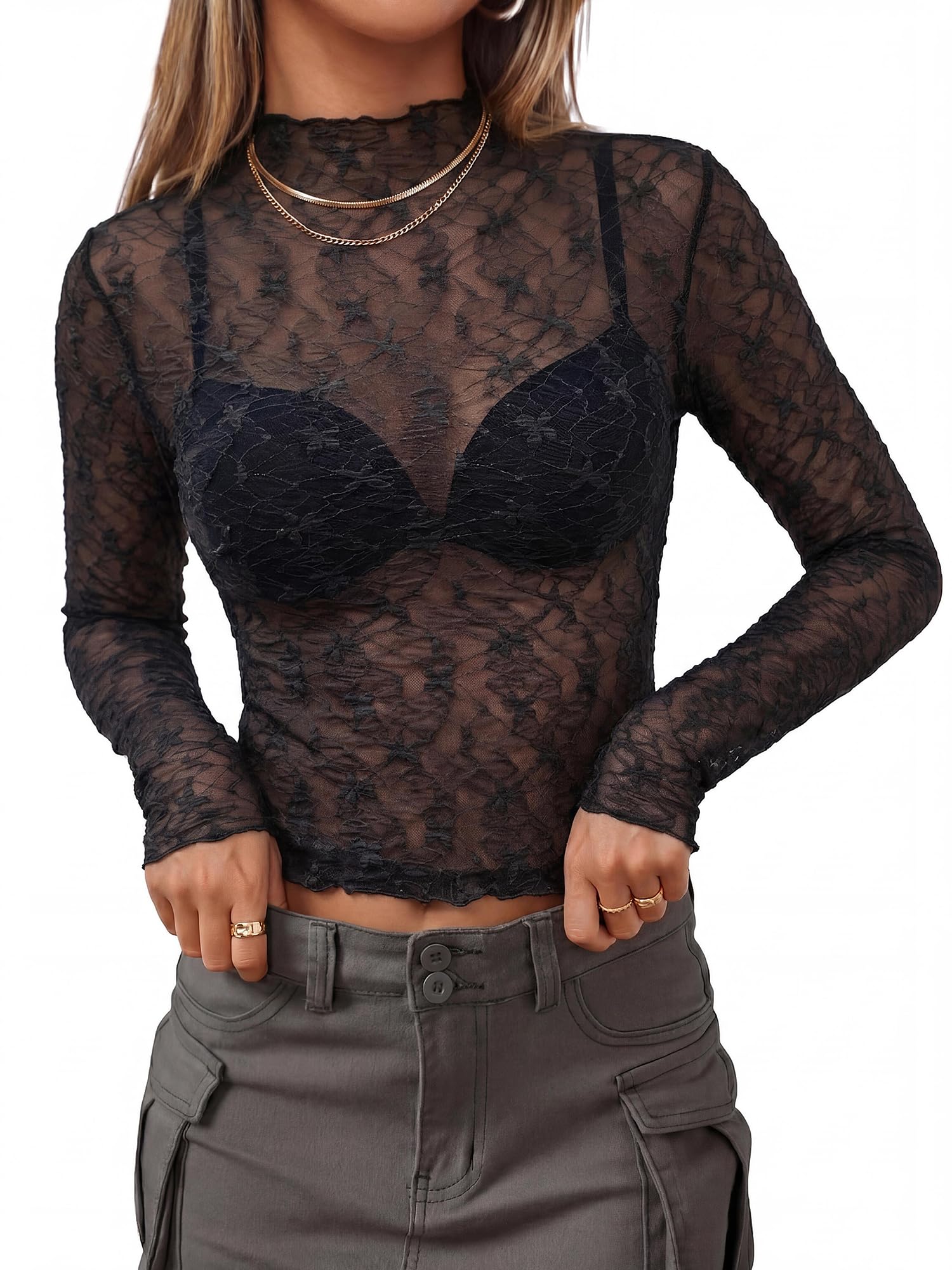 BTFBM Womens Tops Mesh Lace Long Sleeve Tops for Women Spring Fall Sheer See Through Tight Party Club Outfits