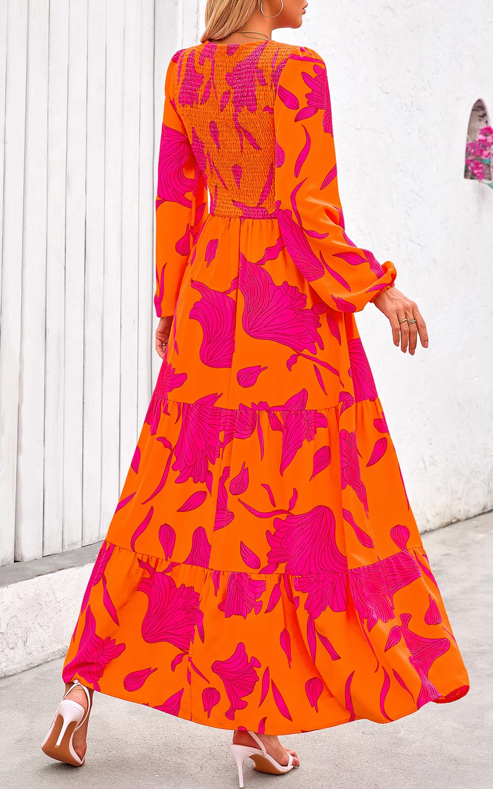 PRETTYGARDEN Women's Fall Dresses Long Sleeve Flowy Casual Floral Maxi Dress Crew Neck Smocked Tiered Long Dress