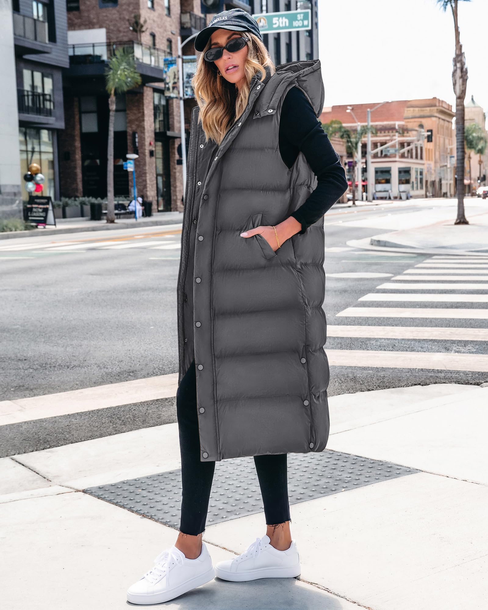 BTFBM Long Puffer Vest Women Quilted Hooded Button Down Zip Up Sleeveless Vests Outerwear Padded Jacket Fall Winter Coat