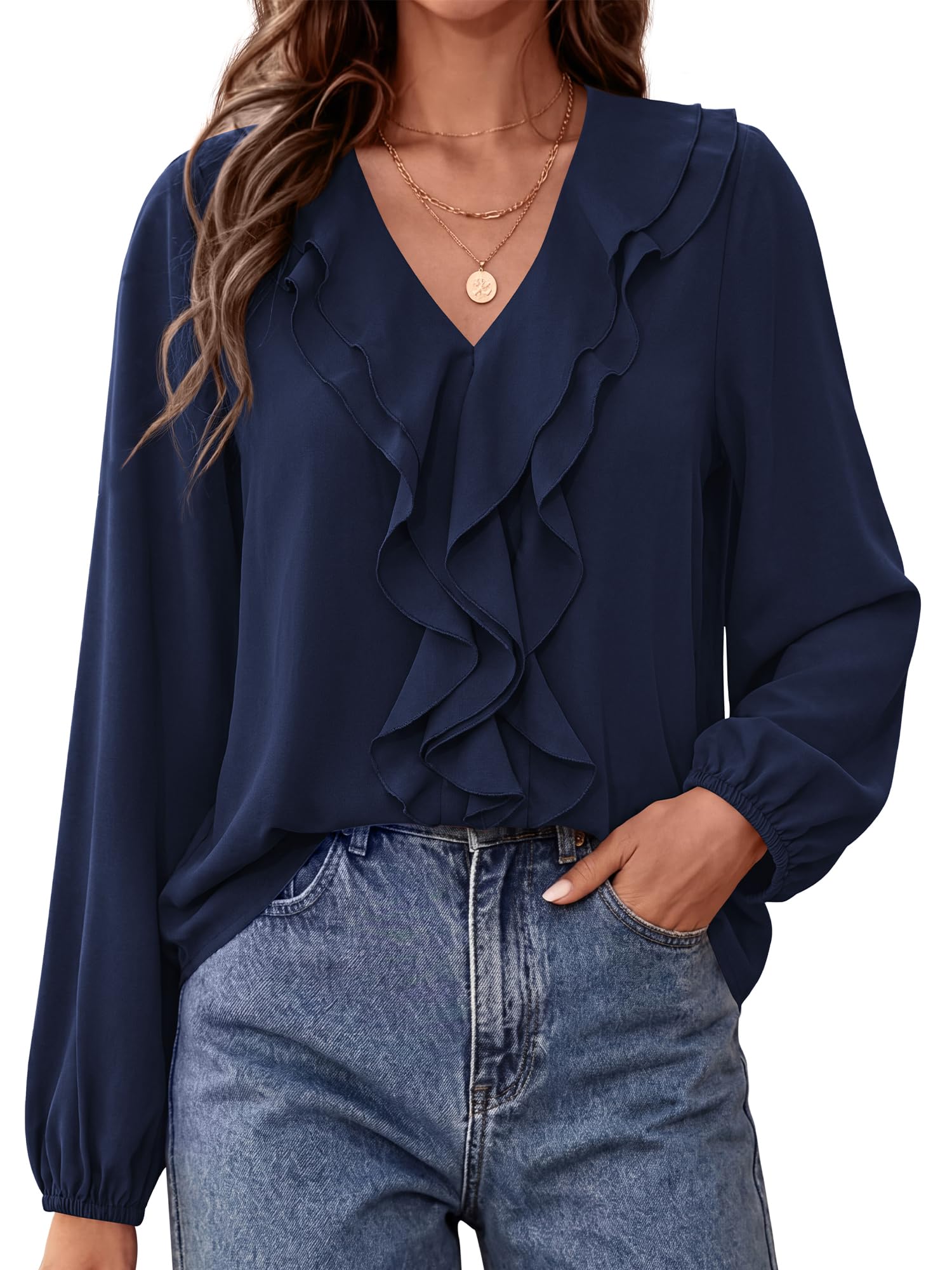 BTFBM Womens Fall Tops Ruffle Blouses Dressy Casual | Double Ruffled Collar V Neck Long Sleeve Shirts, Lightweight Fashion Clothing Trendy, Daily Business Office Work Clothes