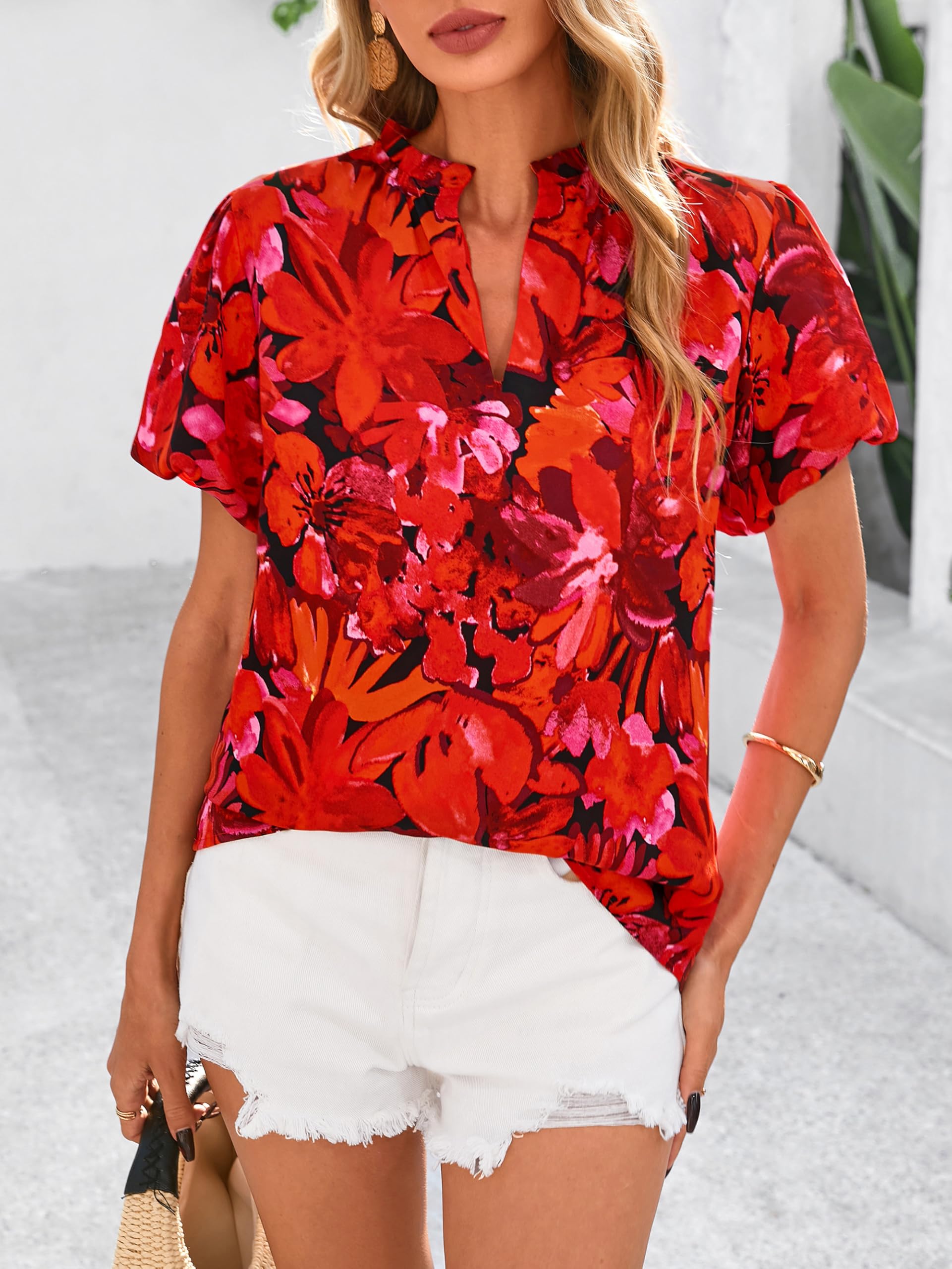 PRETTYGARDEN Boho Short Sleeve Floral Work Blouses for Women Dressy Casual V Neck Puff Sleeve Loose Chiffon Flowy Tops Shirts