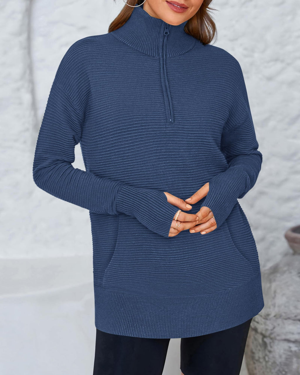 BTFBM Sweaters for Women Fall Clothes Pocket Quarter Zip Pullover V Neck Long Sleeve Knit Trendy Winter Sweater