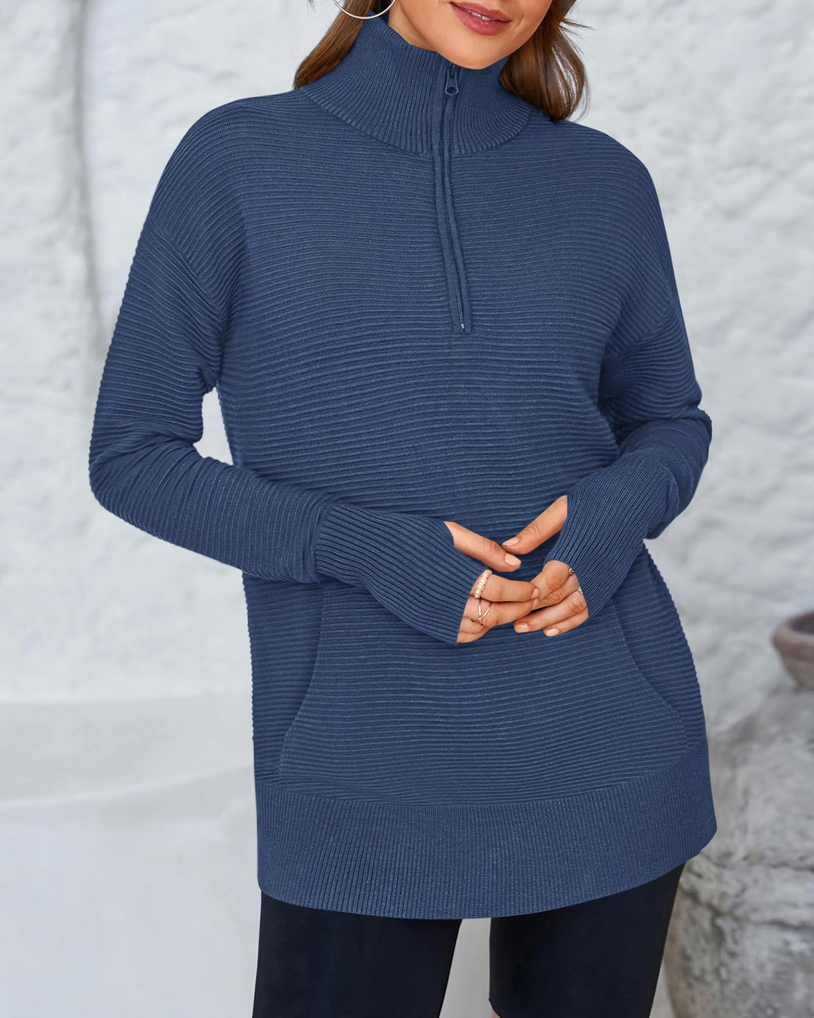 BTFBM Sweaters for Women Fall Clothes Pocket Quarter Zip Pullover V Neck Long Sleeve Knit Trendy Winter Sweater