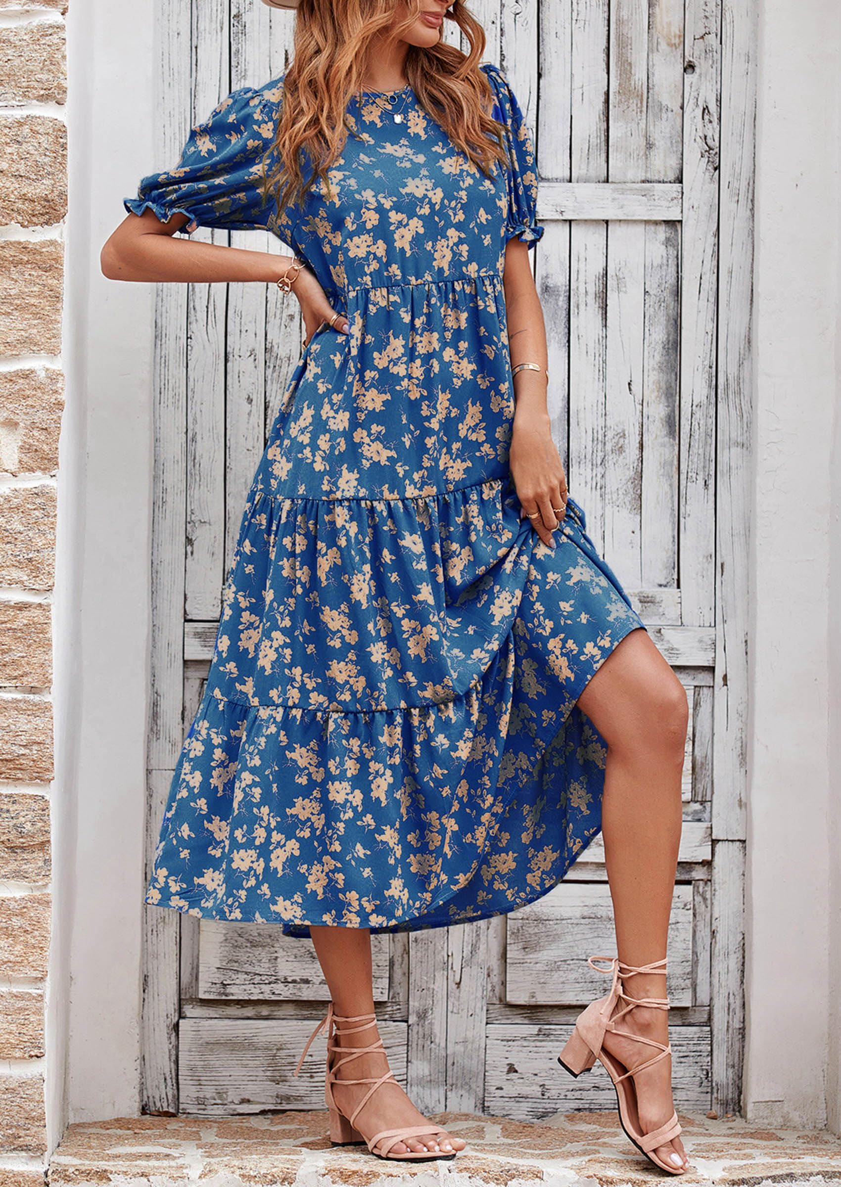 PRETTYGARDEN Summer Dresses for Women Casual Floral Boho Midi Sun Dress Puff Short Sleeve Flowy Beach Vacation Sundress