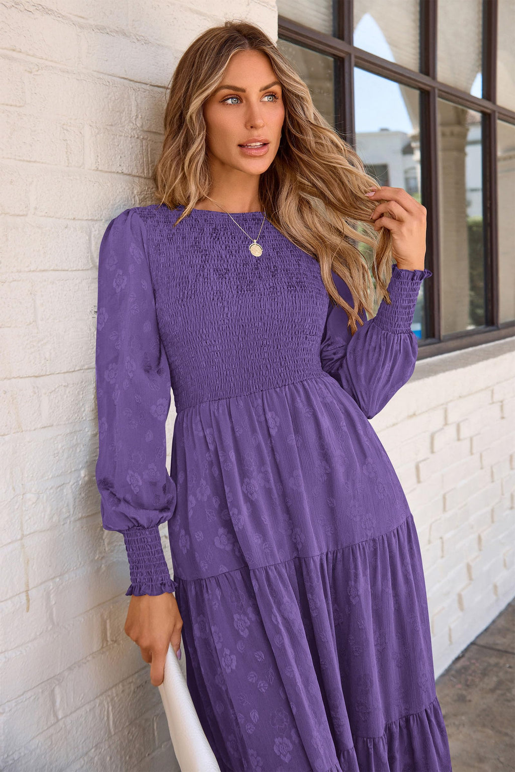 PRETTYGARDEN Women's Fall Spring Midi Dress Long Sleeve Floral Smocked Elegant Wedding Guest Long Flowy Dresses with Pockets