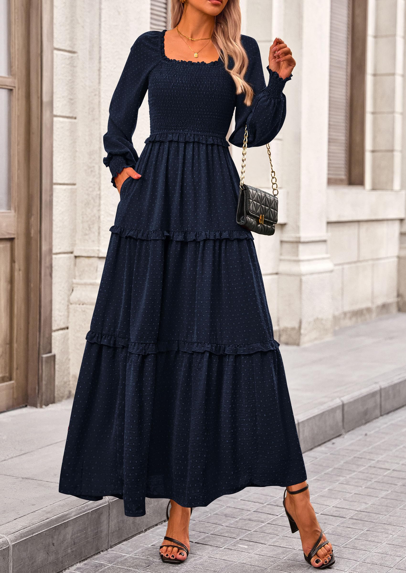 PRETTYGARDEN Fall Dresses for Women Long Sleeve Smocked Square Neck Swiss Dot Tiered Flowy Wedding Guest Maxi Dress