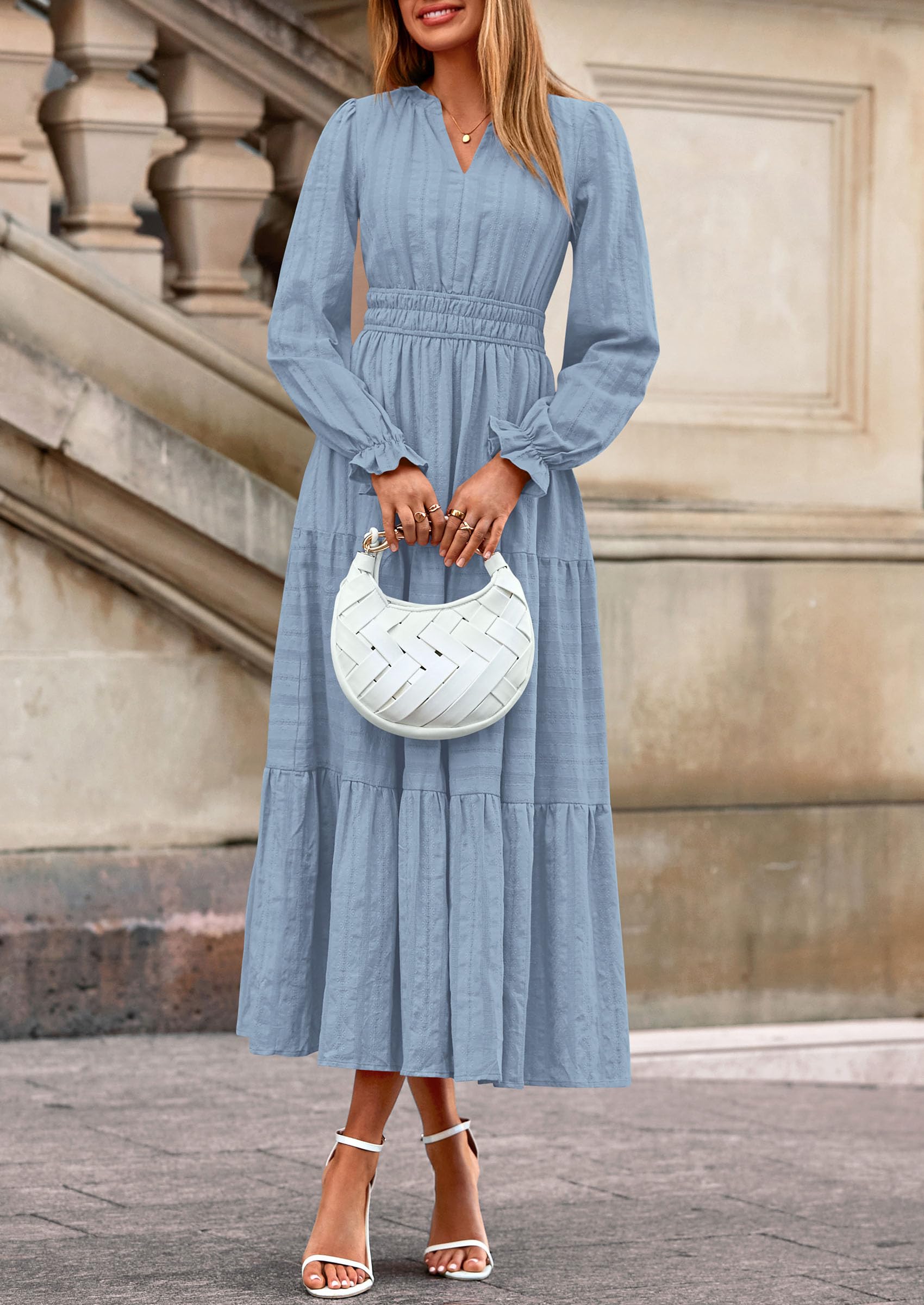 PRETTYGARDEN Women's Fall Wedding Guest Dresses Long Sleeve V Neck Flowy Elegant Holiday Party Maxi Dress with Pockets
