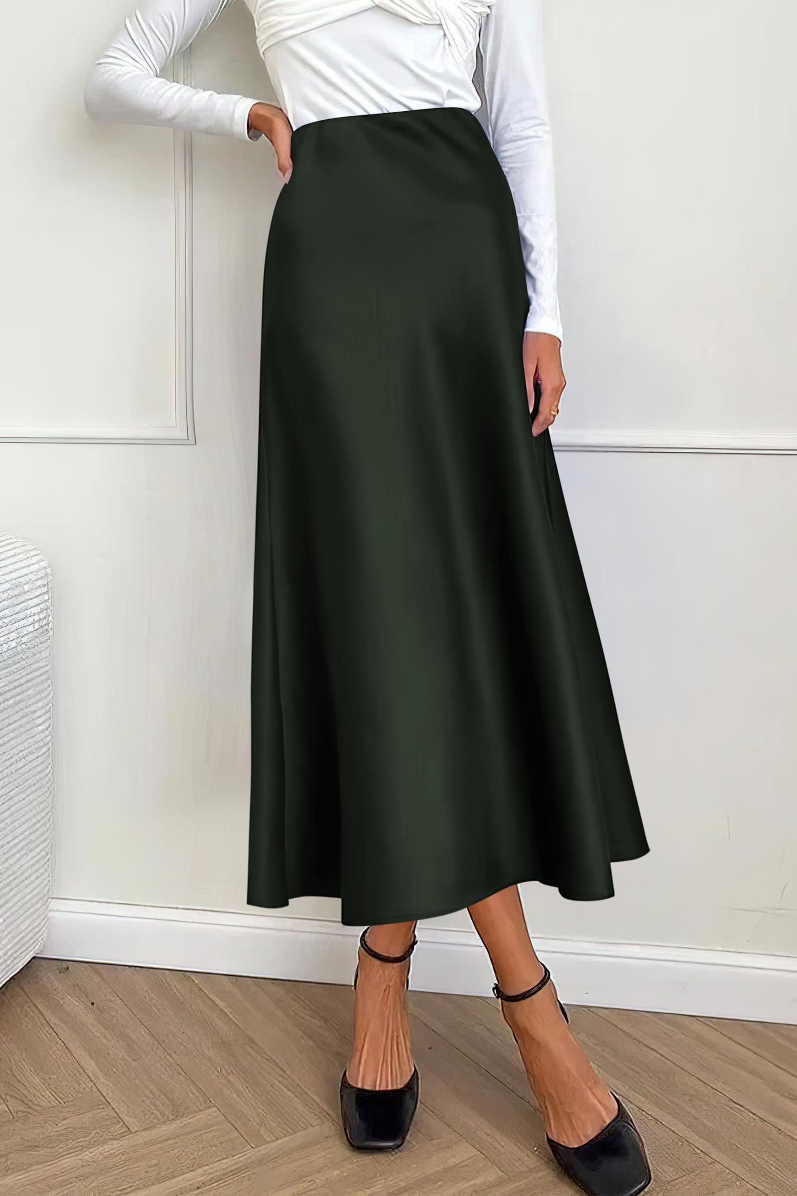 PRETTYGARDEN Women's Satin Skirts Dressy Casual Fall High Waisted Cocktail Wedding Flowy Elegant A Line Midi Skirt
