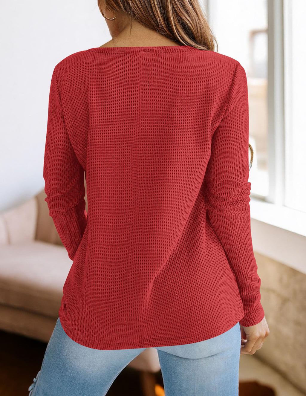 PRETTYGARDEN Long Sleeve Shirts for Women Fall V Neck Waffle Basic Tee Dressy Casual Winter Blouses Knit Tunic Tops