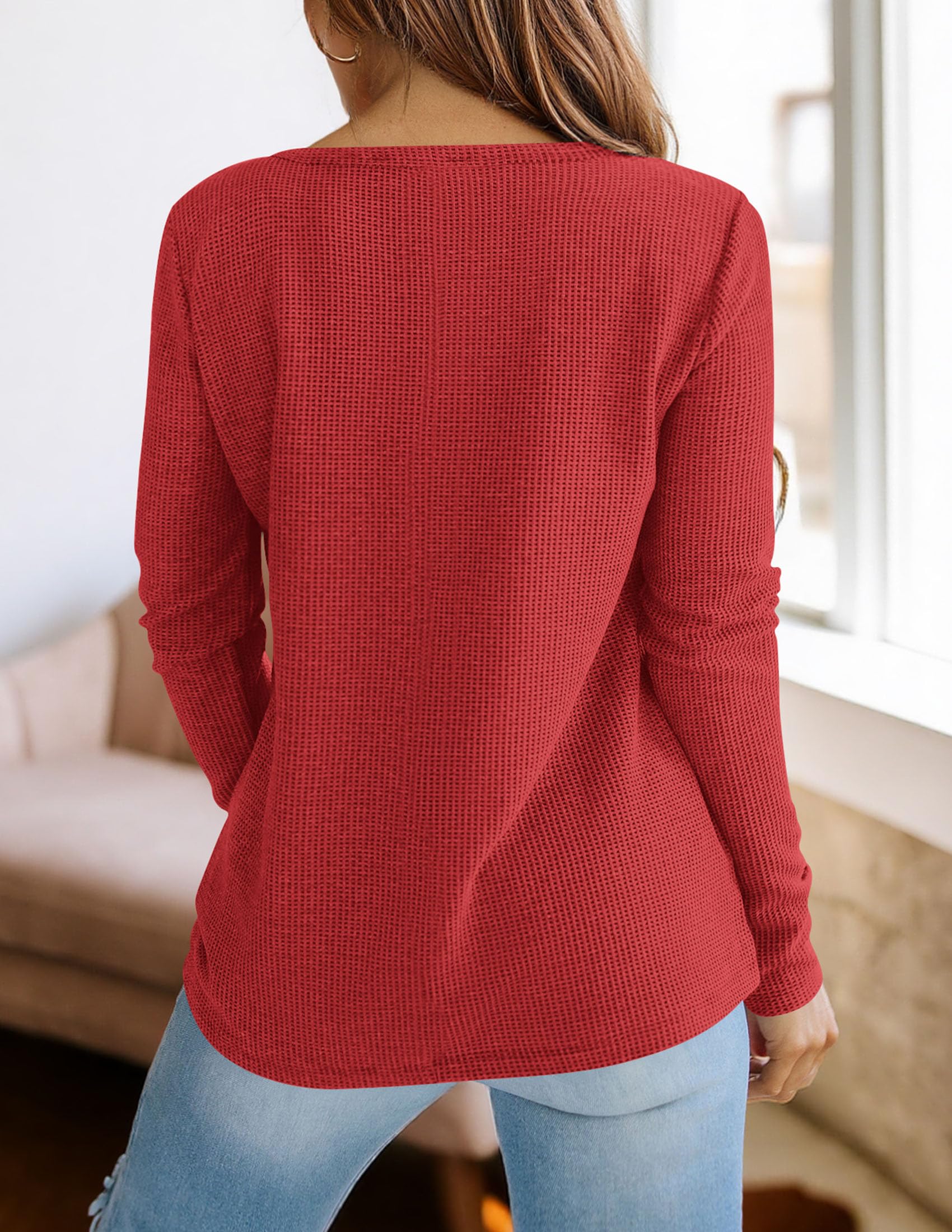 PRETTYGARDEN Long Sleeve Shirts for Women Fall V Neck Waffle Basic Tee Dressy Casual Winter Blouses Knit Tunic Tops