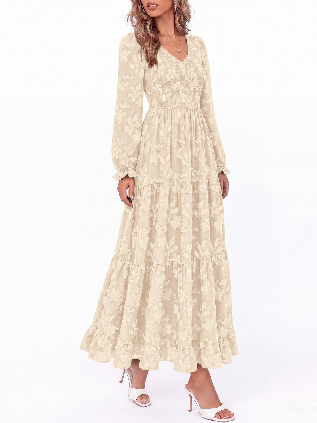 FreshPretty Womens Long Sleeve V Neck Wedding Guest Maxi Dress,Casual Floral Boho Flowy Smocked Long Dresses With Pockets, High Waist, A Line, 2026 Fall Semi Formal Cocktail Party Dress