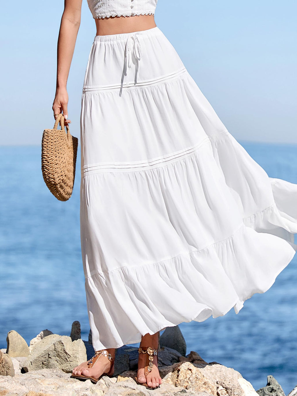 BTFBM Spring Skirts for Women Summer Boho Beach Vacation Clothes Casual Pleated High Waisted Flowy Maxi Skirt