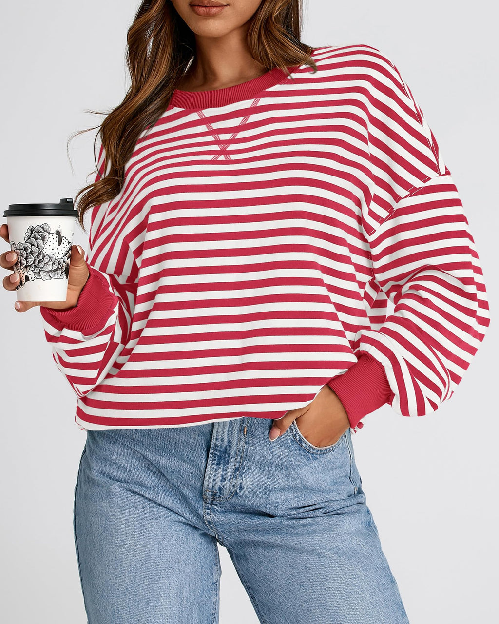 BTFBM Sweatshirt For Women Summer Crewneck Long Sleeve Oversized Striped Pullover Tops Y2K Clothes Workout Shirt