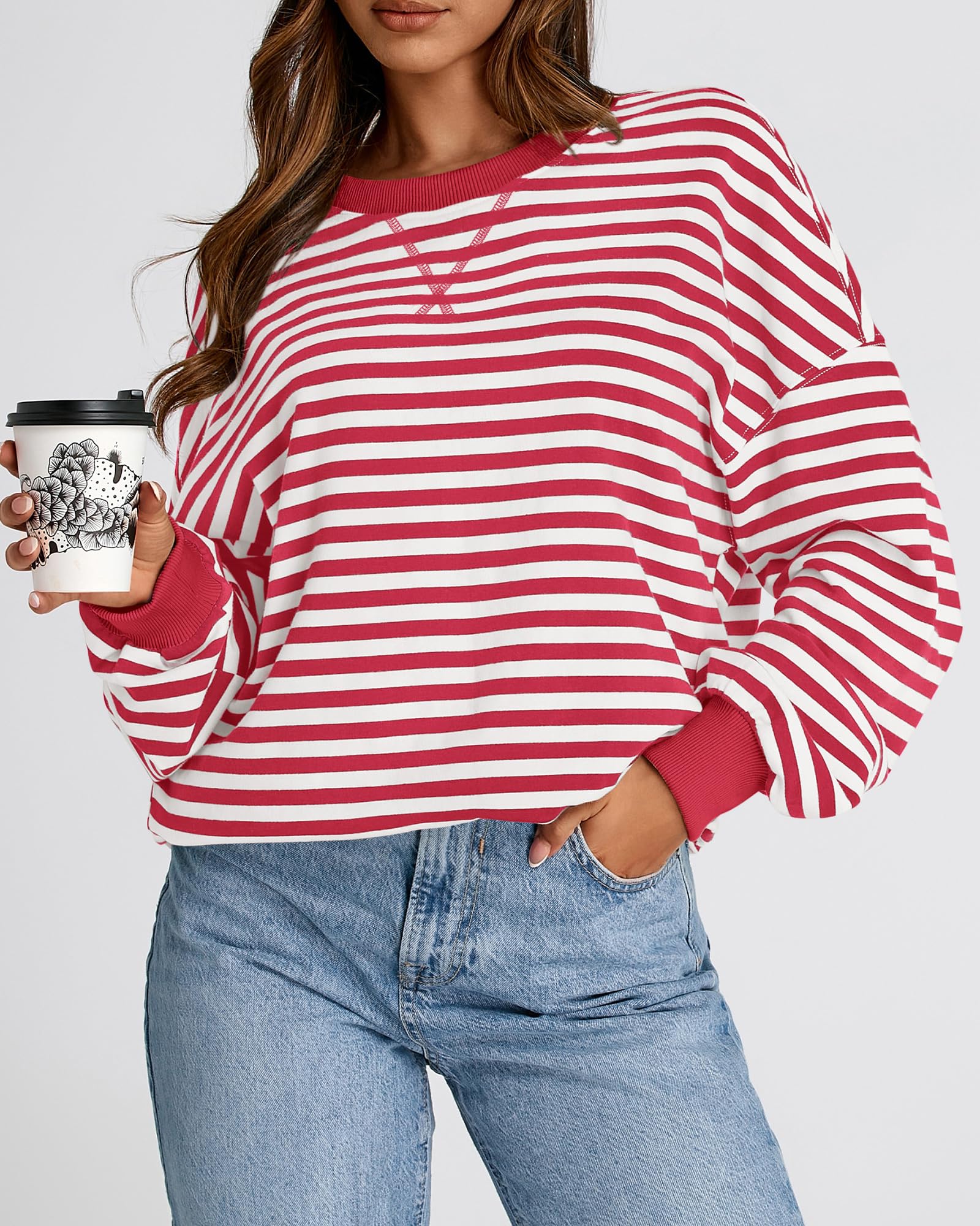 BTFBM Sweatshirt For Women Summer Crewneck Long Sleeve Oversized Striped Pullover Tops Y2K Clothes Workout Shirt