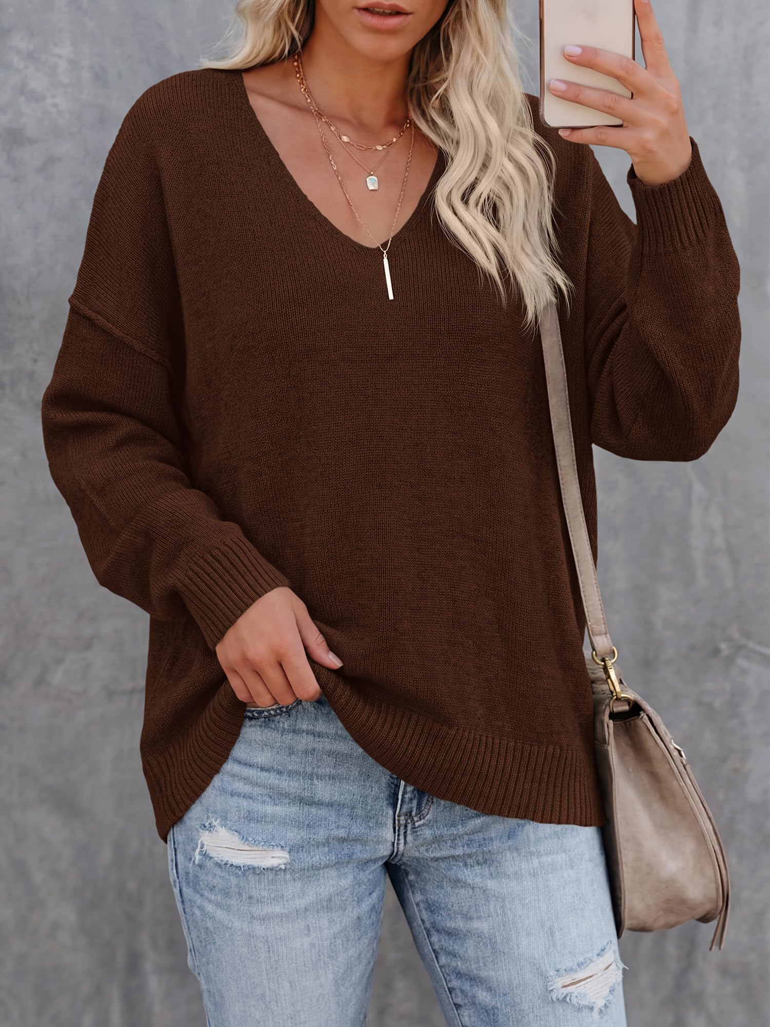 BTFBM Women's Loose Knitted Casual Sweaters | V Neck,Long Sleeve Sweater,Slouchy Pullover Tops,Fall Winter Clothes
