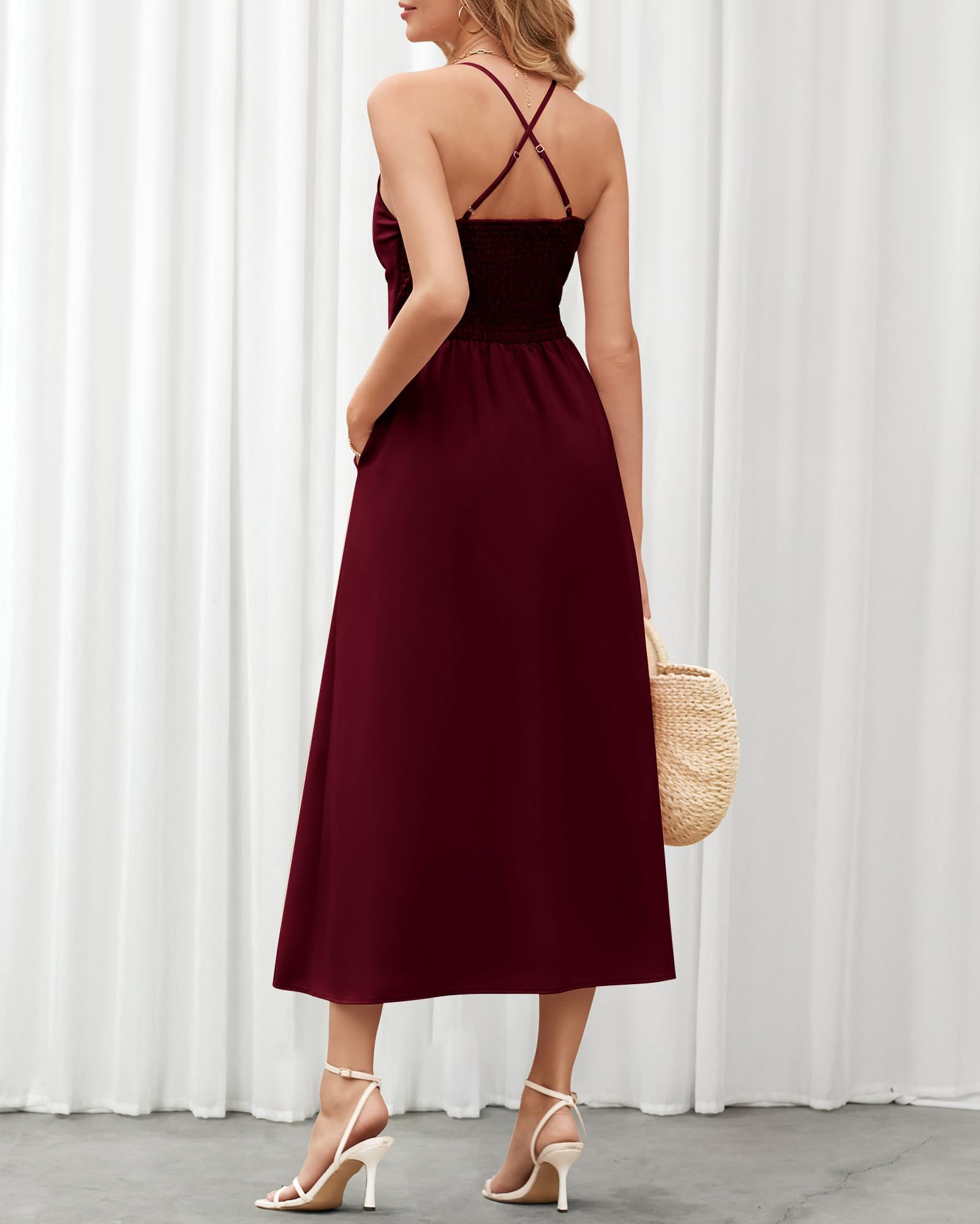 FreshPretty Women Summer Spaghetti Strap Midi Dress Sleeveless V Neck Cutout Slit Casual Beach Party Maxi Dresses Pockets