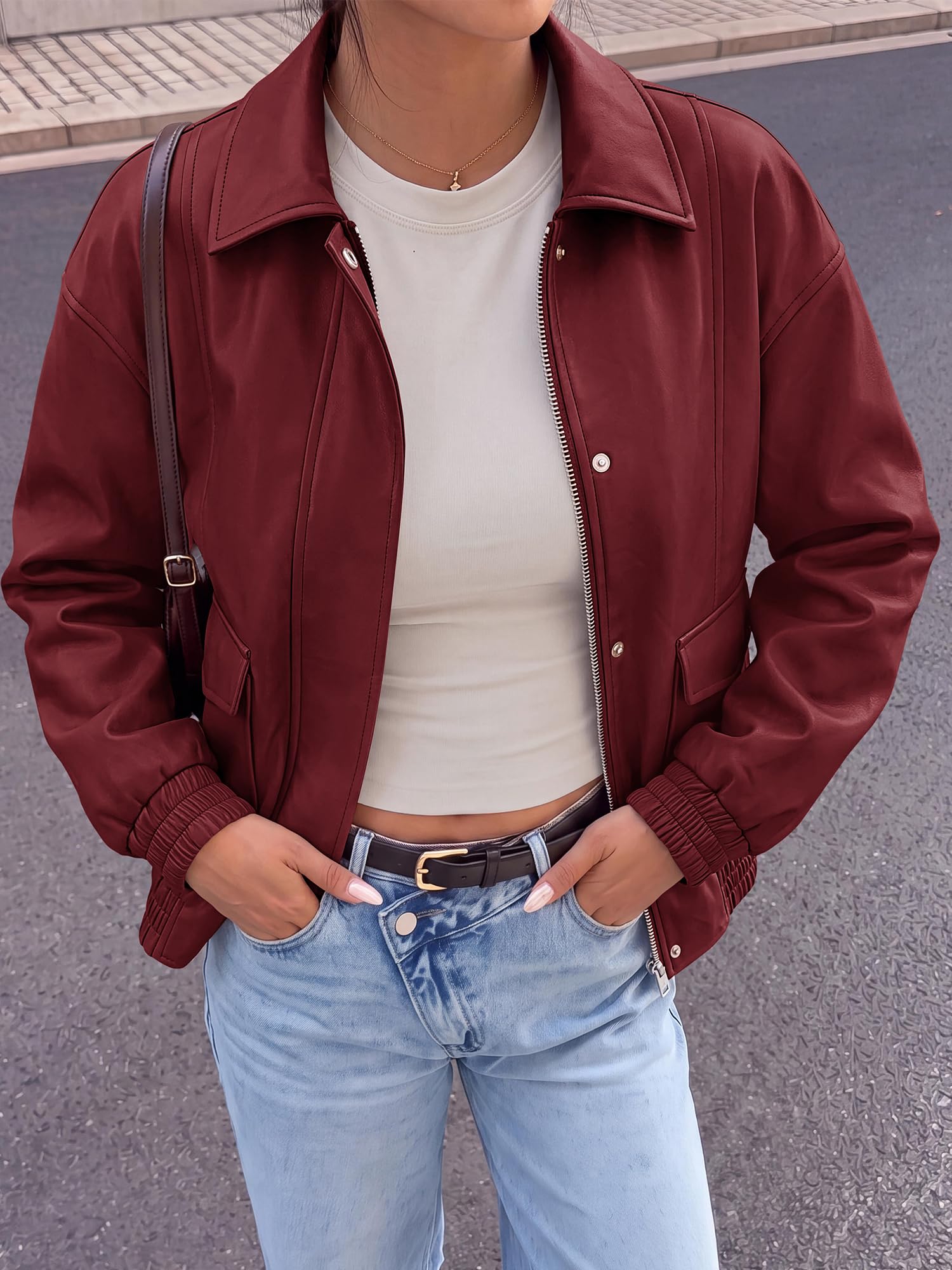 BTFBM Faux Leather Jacket Women Fall Clothes Long Sleeve, Bomber Jackets, Snaps, Pockets, Oversized, Zip Up Motorcycle Outerwear, Airport, Going Out Outfits, Winter Coat