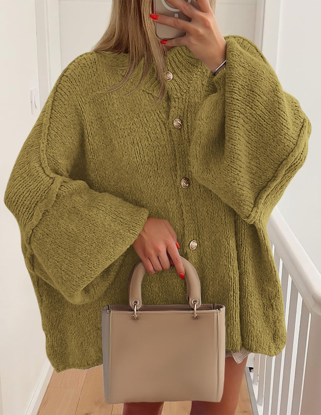 PRETTYGARDEN Women's Winter Button Down Cardigan Sweaters Mock Neck Lantern Long Sleeve Chunky Knit Jacket Trendy Outerwear