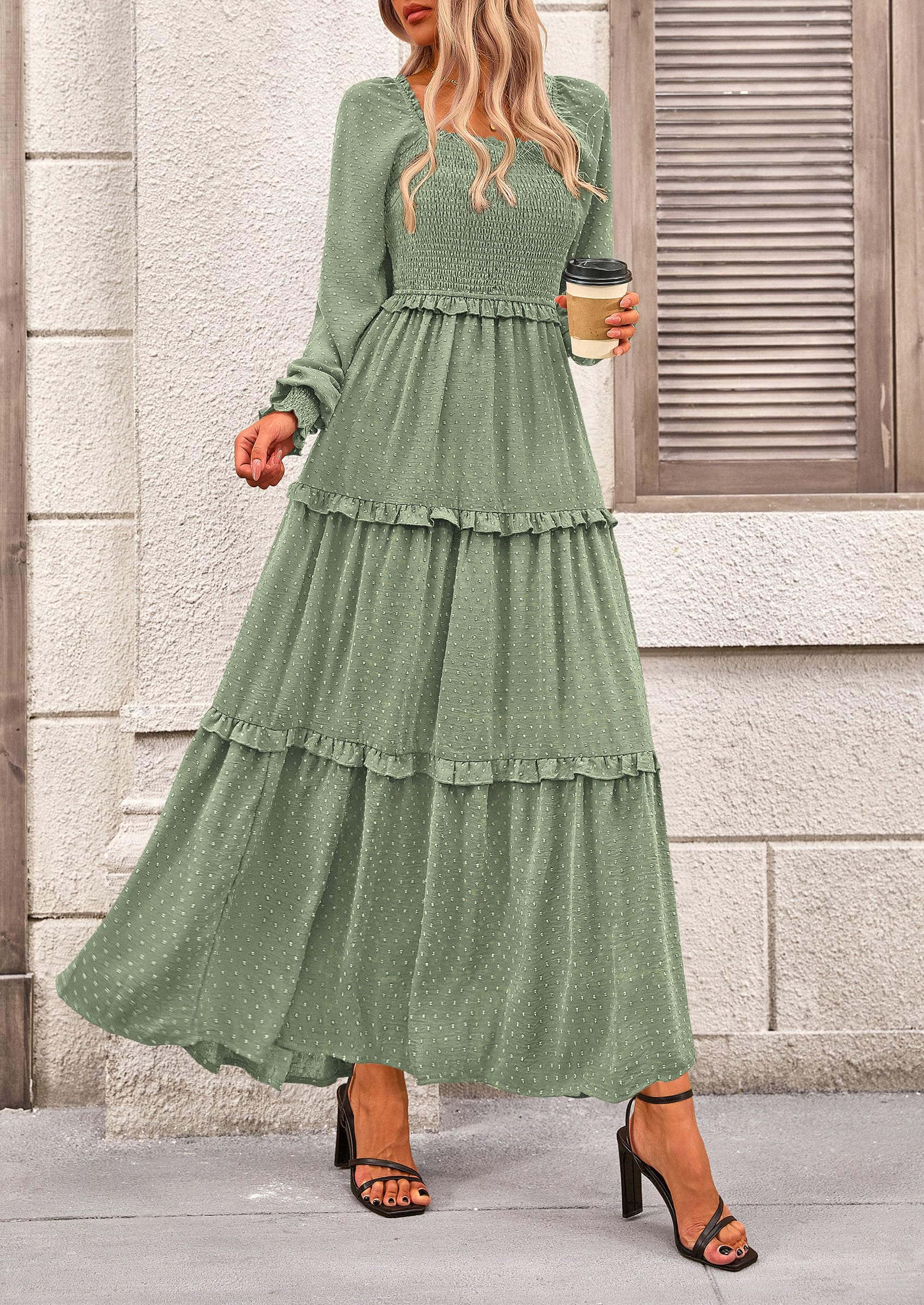 PRETTYGARDEN Fall Dresses for Women Long Sleeve Smocked Square Neck Swiss Dot Tiered Flowy Wedding Guest Maxi Dress