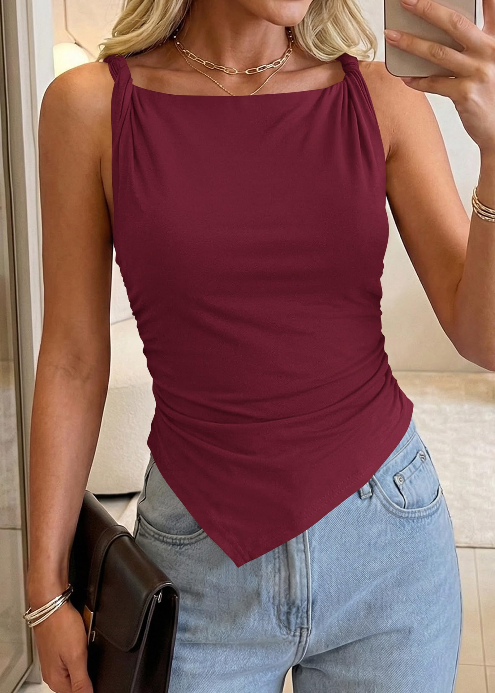 FreshPretty Going Out Tops for Women Summer Twist Straps Asymmetrical Ruched Tank Top Slim Fit Sleeveless Shirts Y2K Clothes